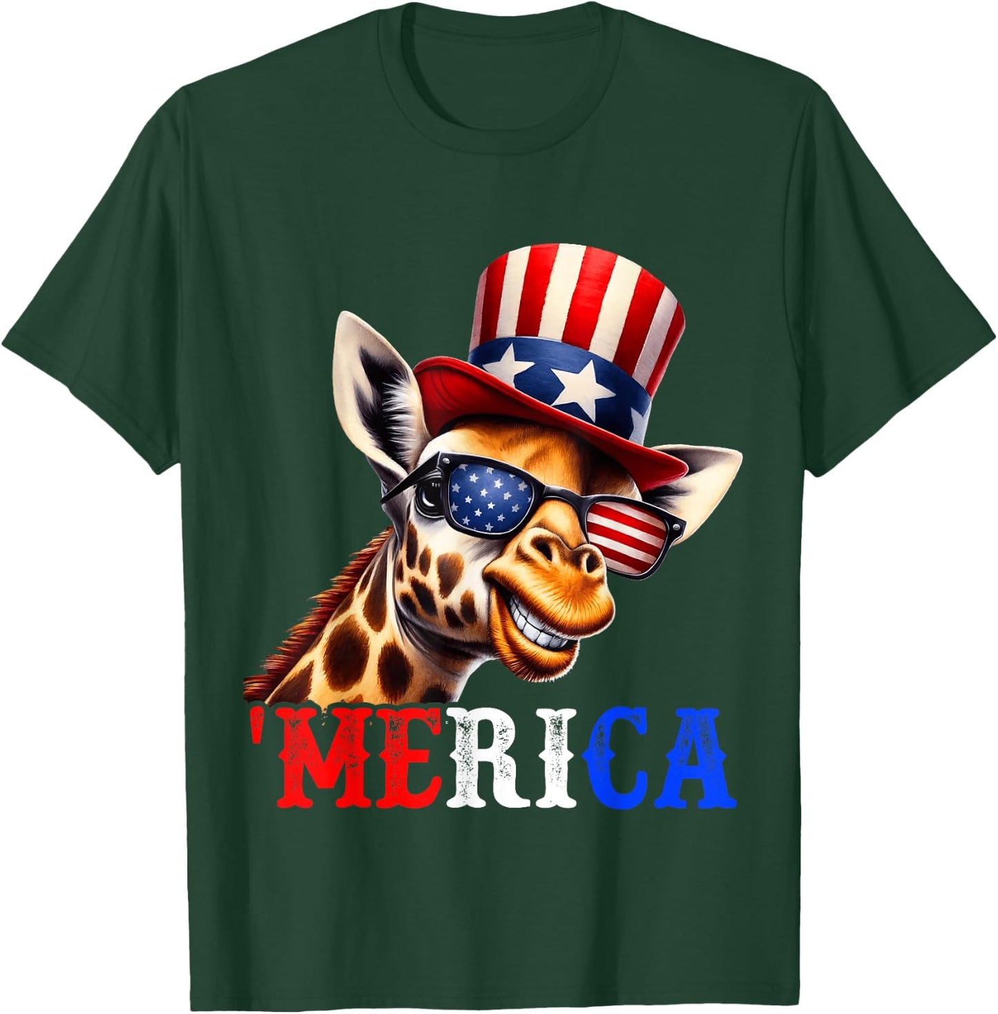 Merica Giraffe Patriotic 4th of July Funny Kids Men Women T-Shirt - T-Shirt | Forest