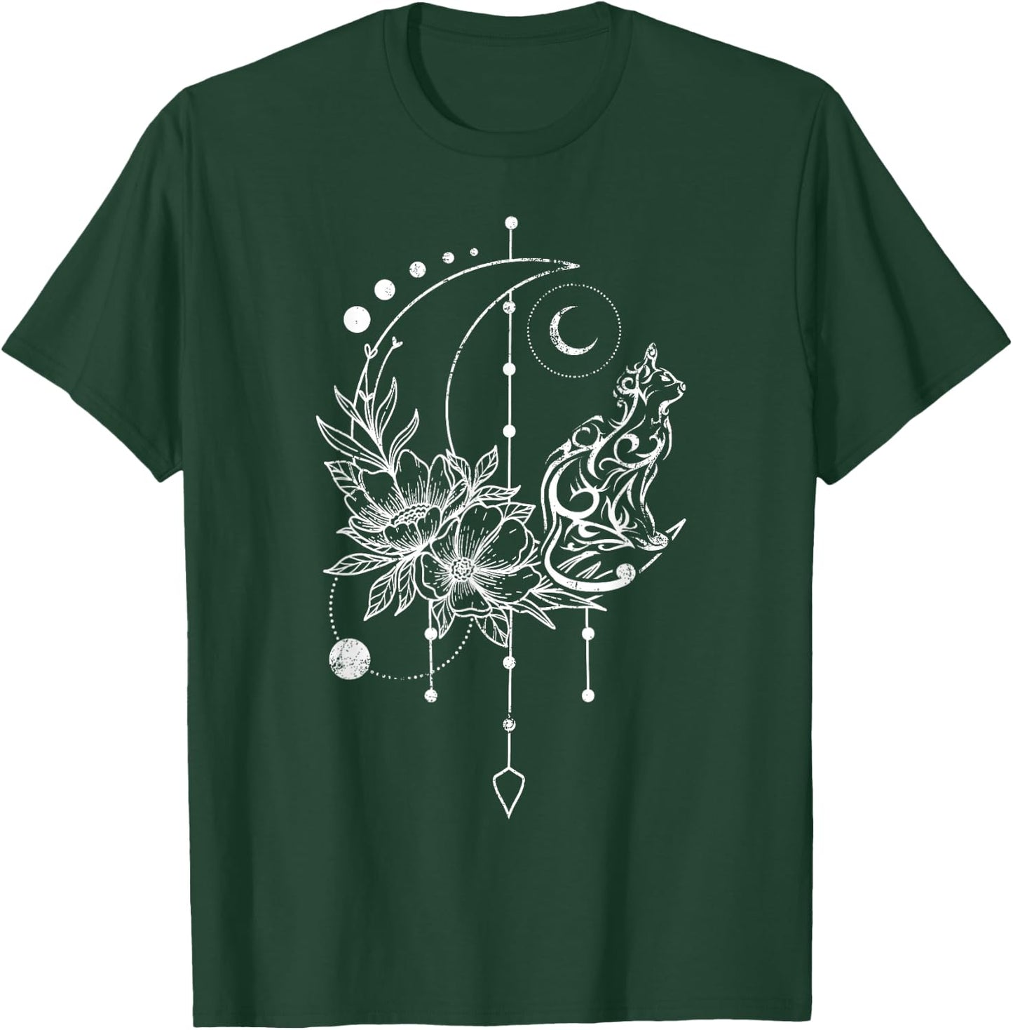 Katze mit Halbmond, Traumfänger und Blumen T-Shirt - T-Shirt | Forest