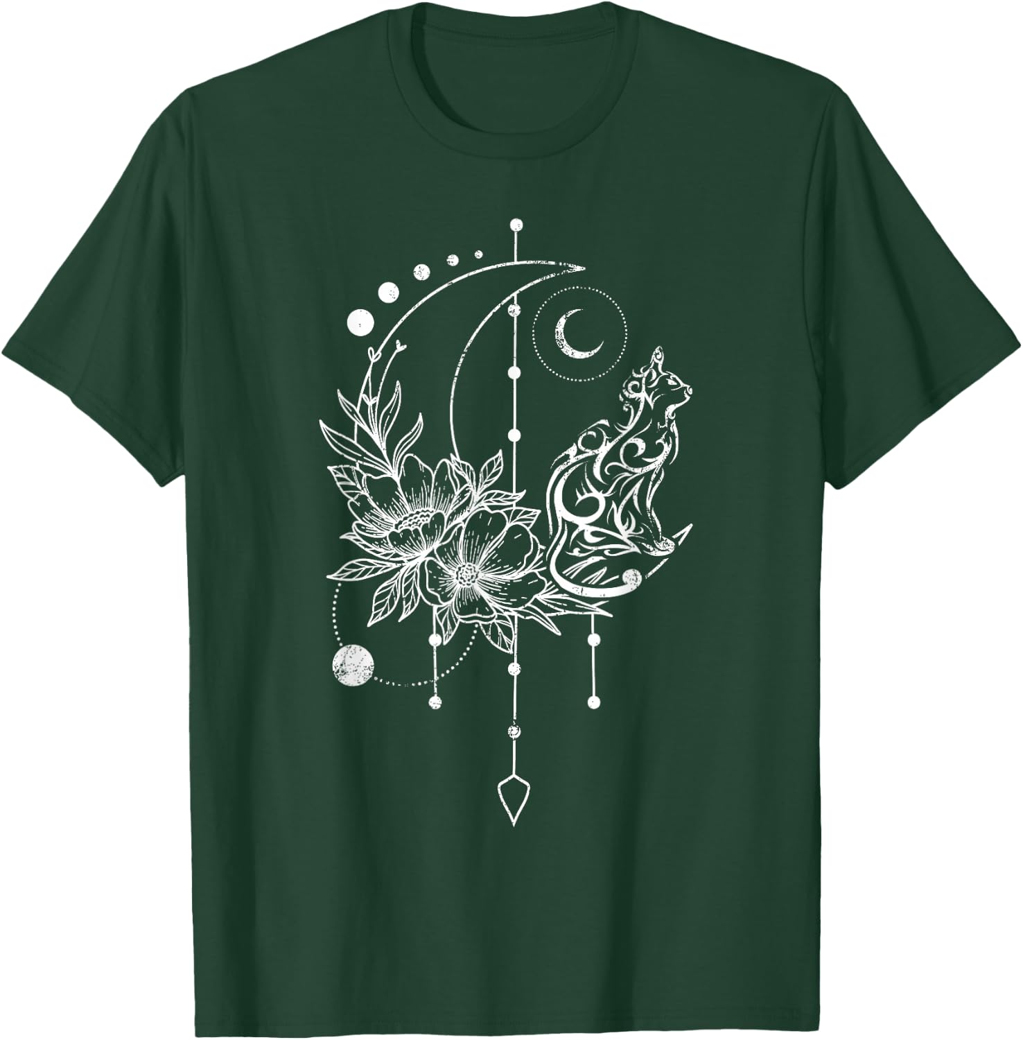 Katze mit Halbmond, Traumfänger und Blumen T-Shirt - T-Shirt | Forest
