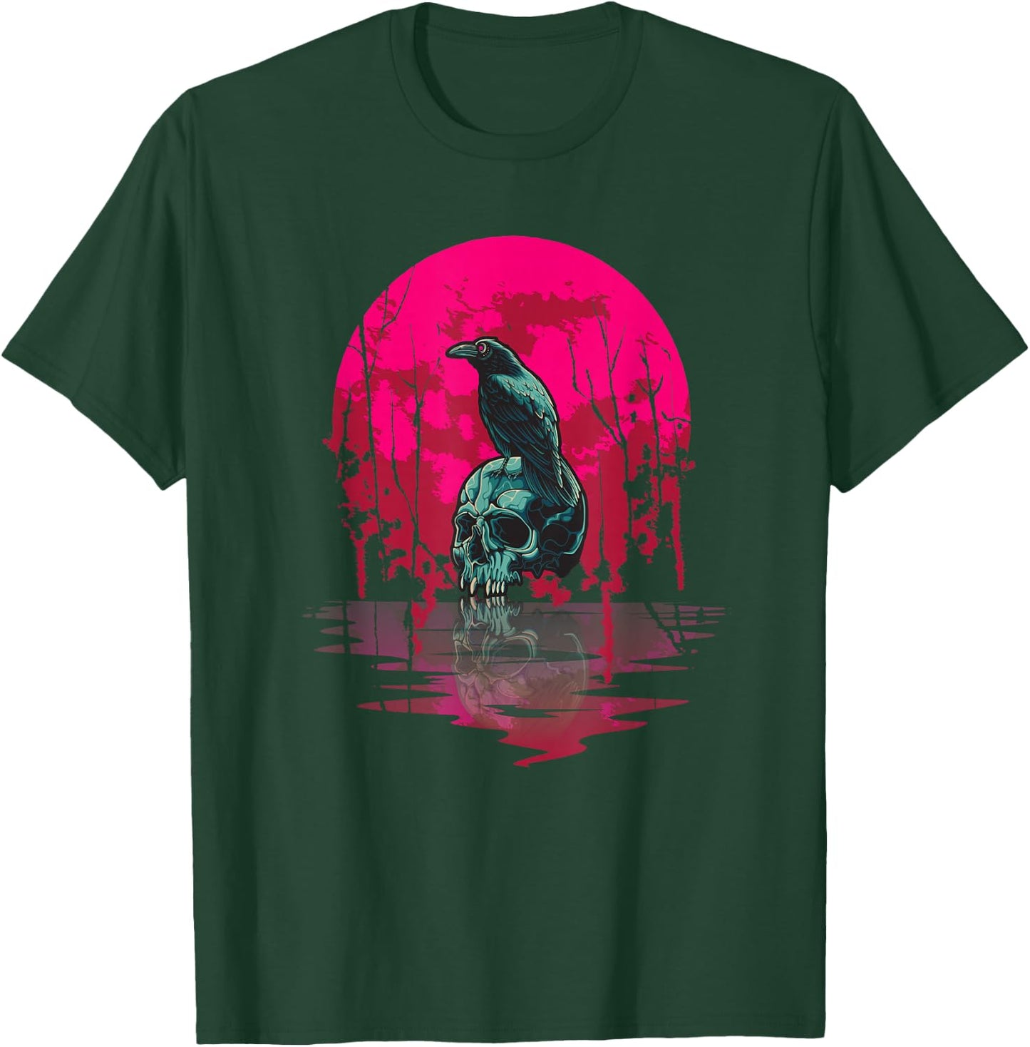 Gothic Raven Skull Red Moon Black Crow T-Shirt - T-Shirt | Forest