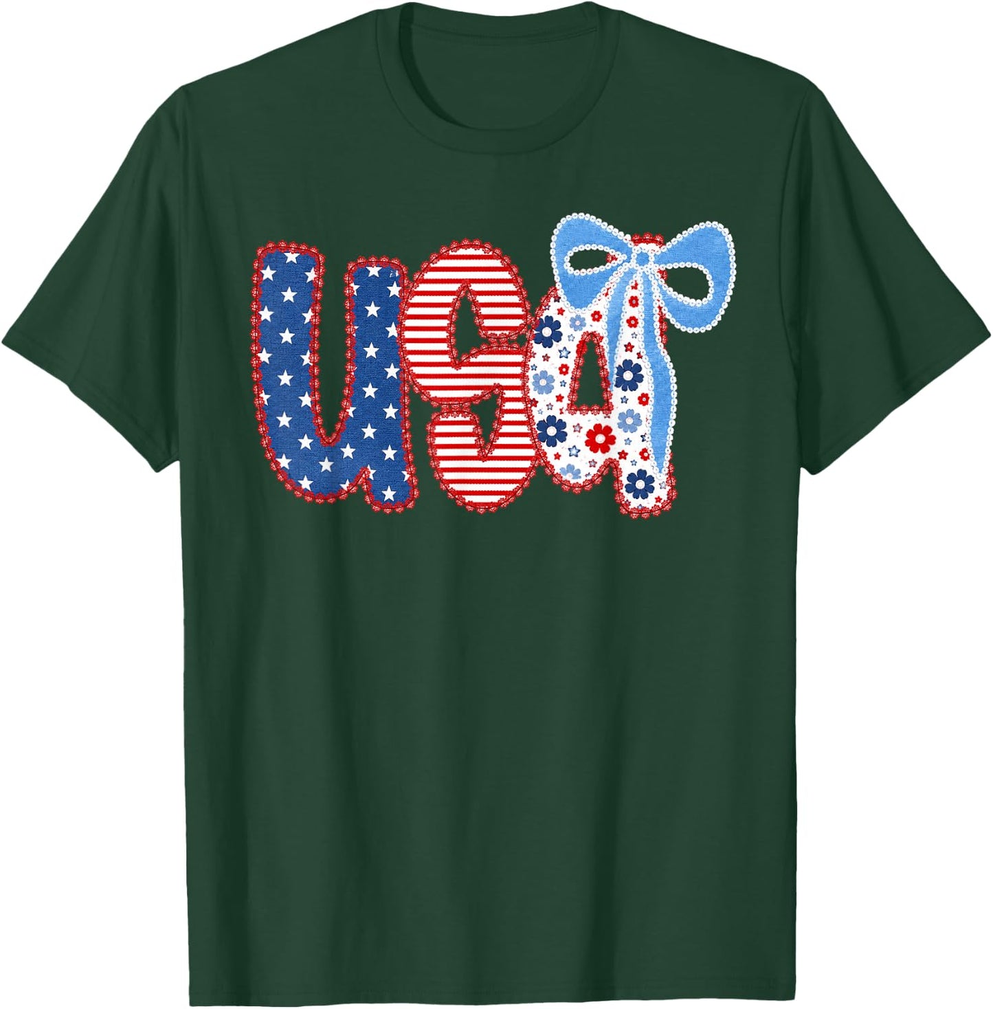 4th of July USA Coquette Bow Patriotic Women Girl T-Shirt - T-Shirt | Forest