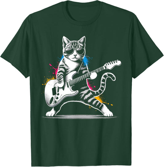 Nerrrdy Damen Rock 'n' Katzen Katzen und Gitarren Schwarz Kurzarm Klein Regular M T-Shirt - T-Shirt | Forest