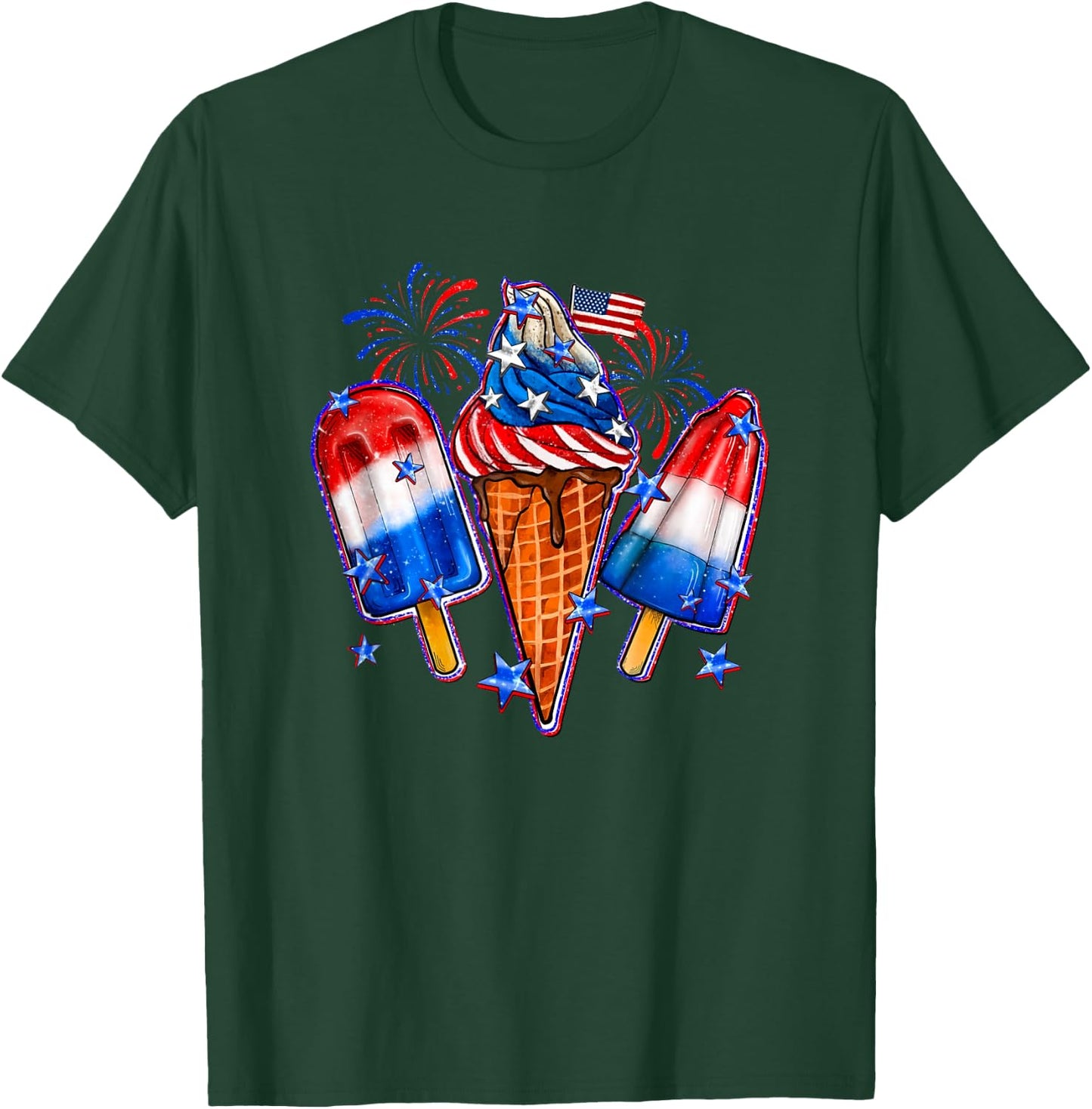 Blue Red White Ice Cream American Flag 4th Of July Men Women T-Shirt - T-Shirt | Forest