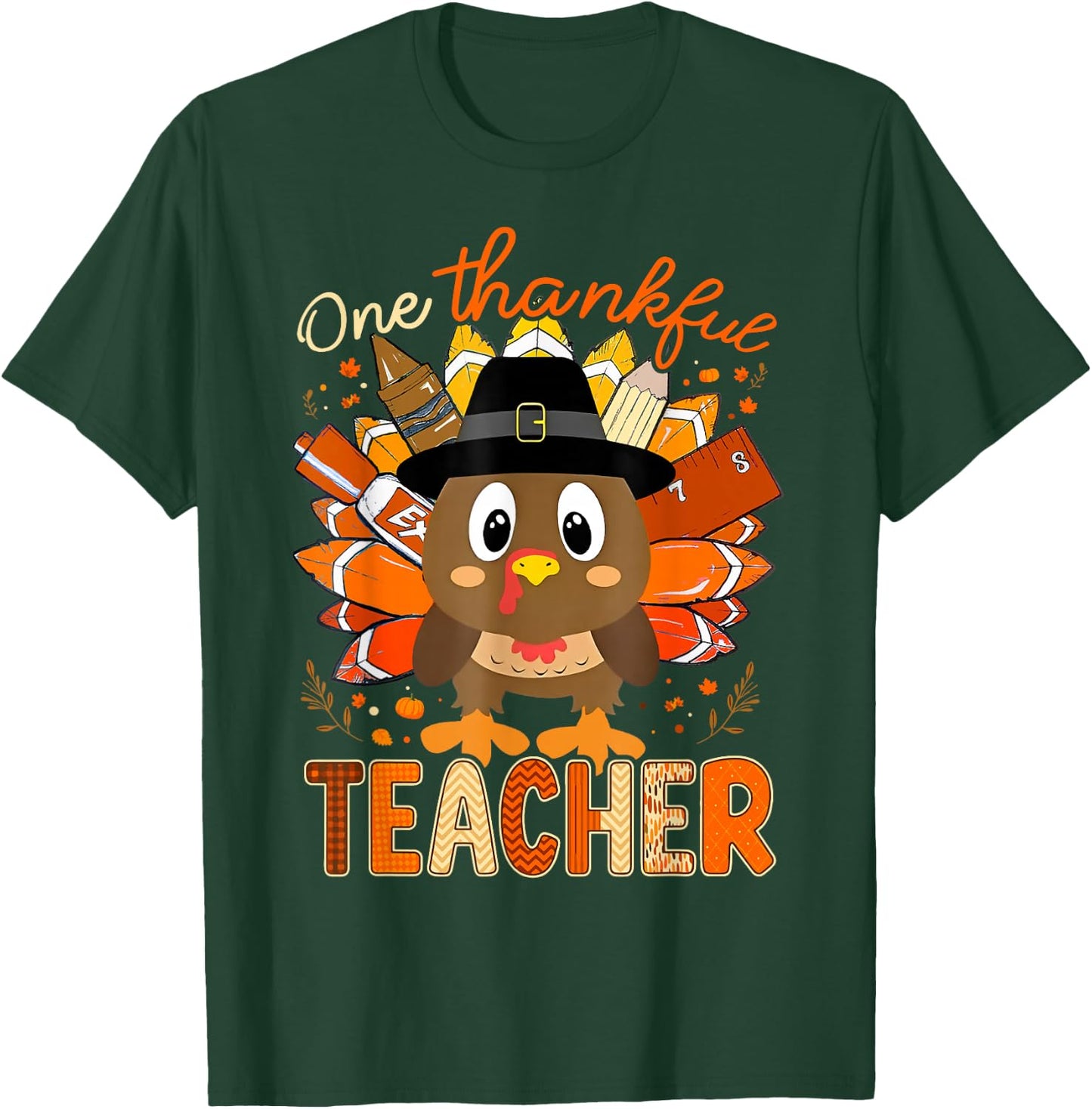 One Thankful Teacher Turkey Pencil Thanksgiving Teachers T-Shirt - T-Shirt | Forest