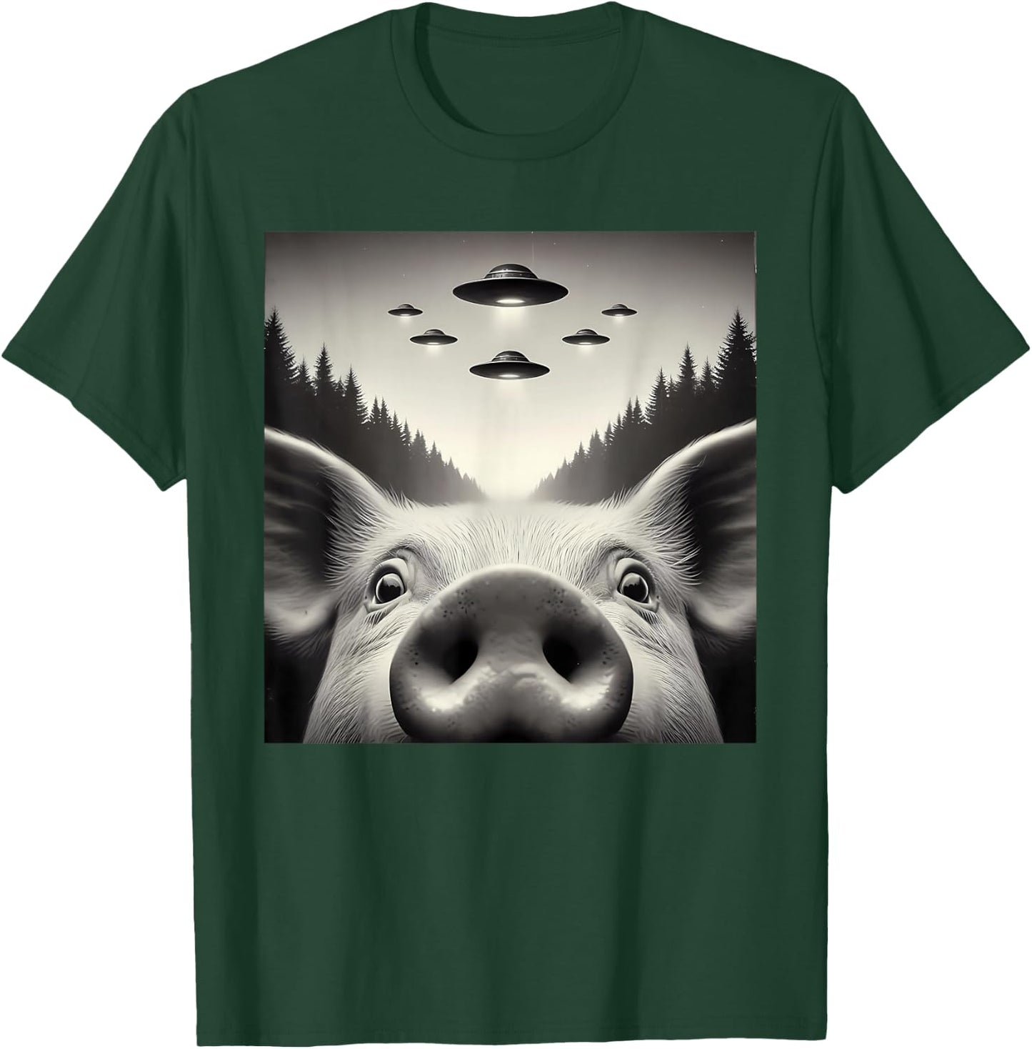 Funny Pig Selfie UFO Alien Humor Vintage Print Art Design T-Shirt - T-Shirt | Forest