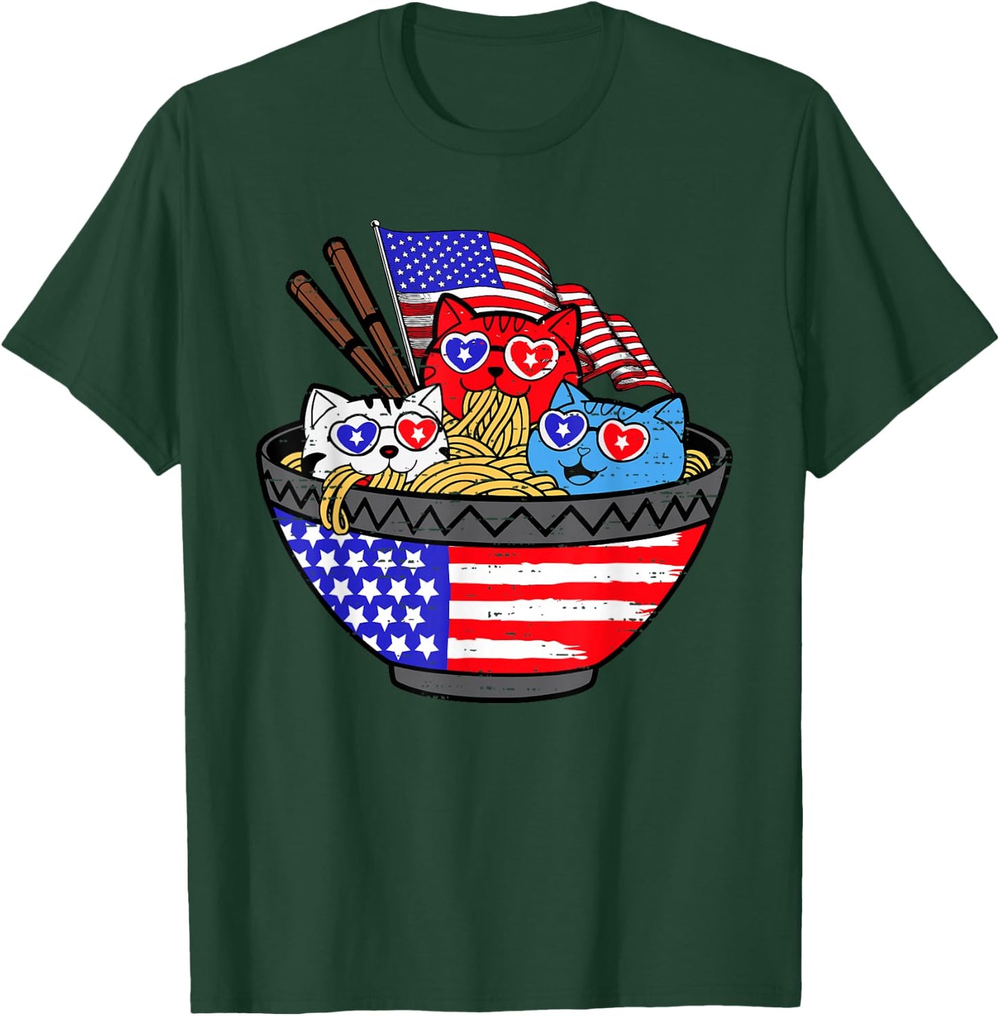 Cats Ramen Anime Kitty American Flag USA 4th of July Fourth T-Shirt - T-Shirt | Forest