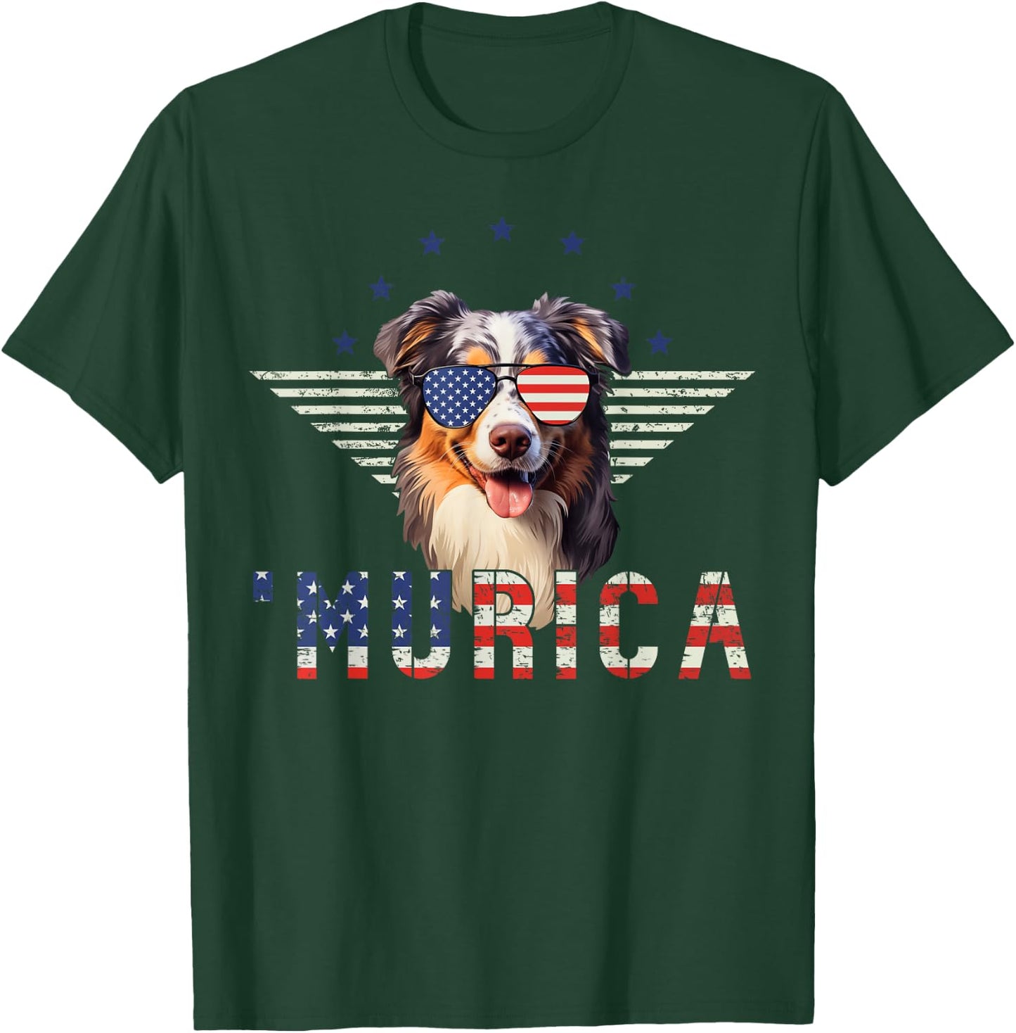 Murica Australian Shepherd Sunglasses American Flag 4th July T-Shirt - T-Shirt | Forest