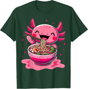 Kawaii Axolotl Eating Ramen Noodles Kids Teen Boys Girls T-Shirt - T-Shirt | Forest