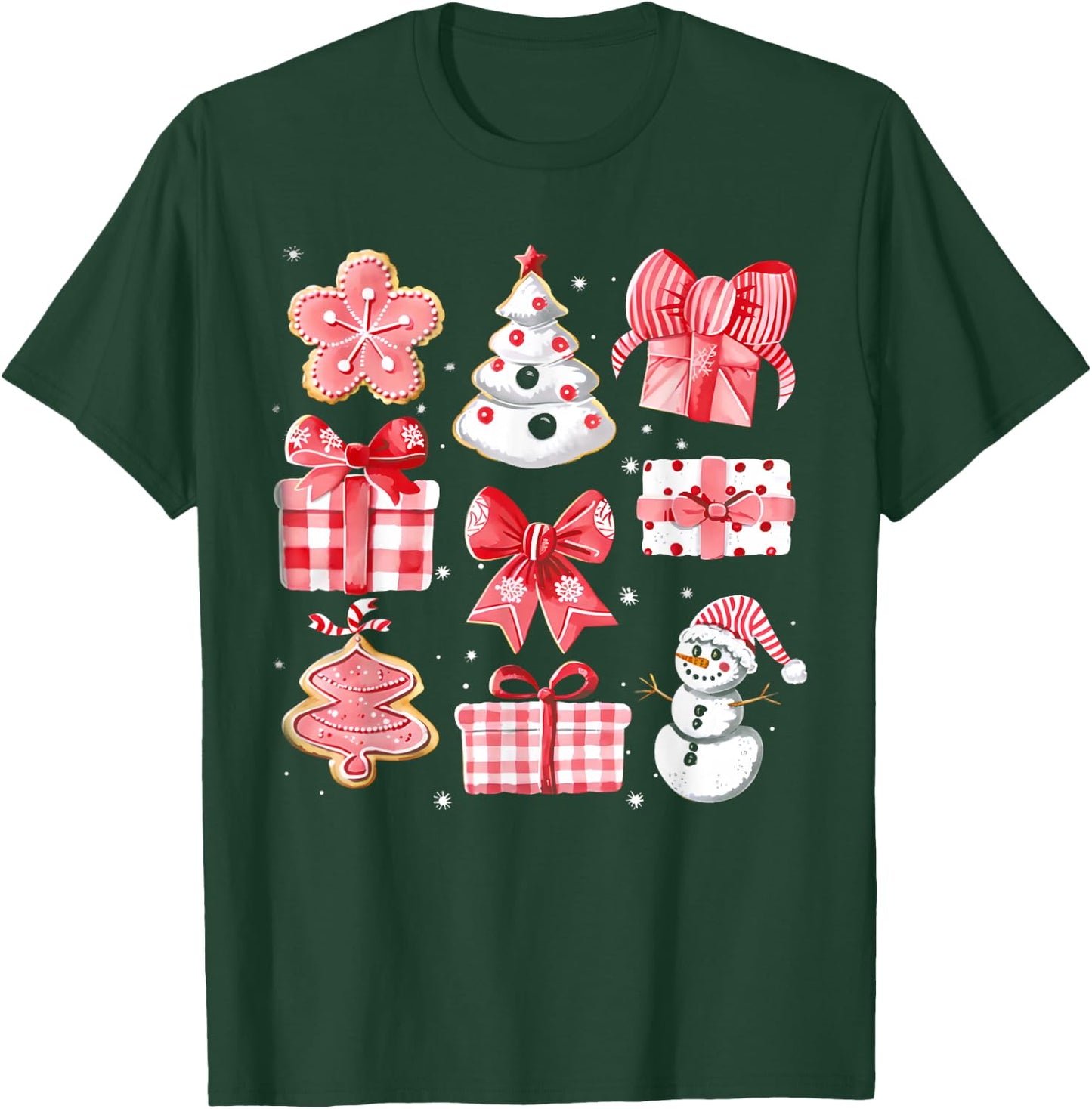 Cute Coquette Christmas Red Bows Santa Gingerbread Snowman T-Shirt - T-Shirt | Forest