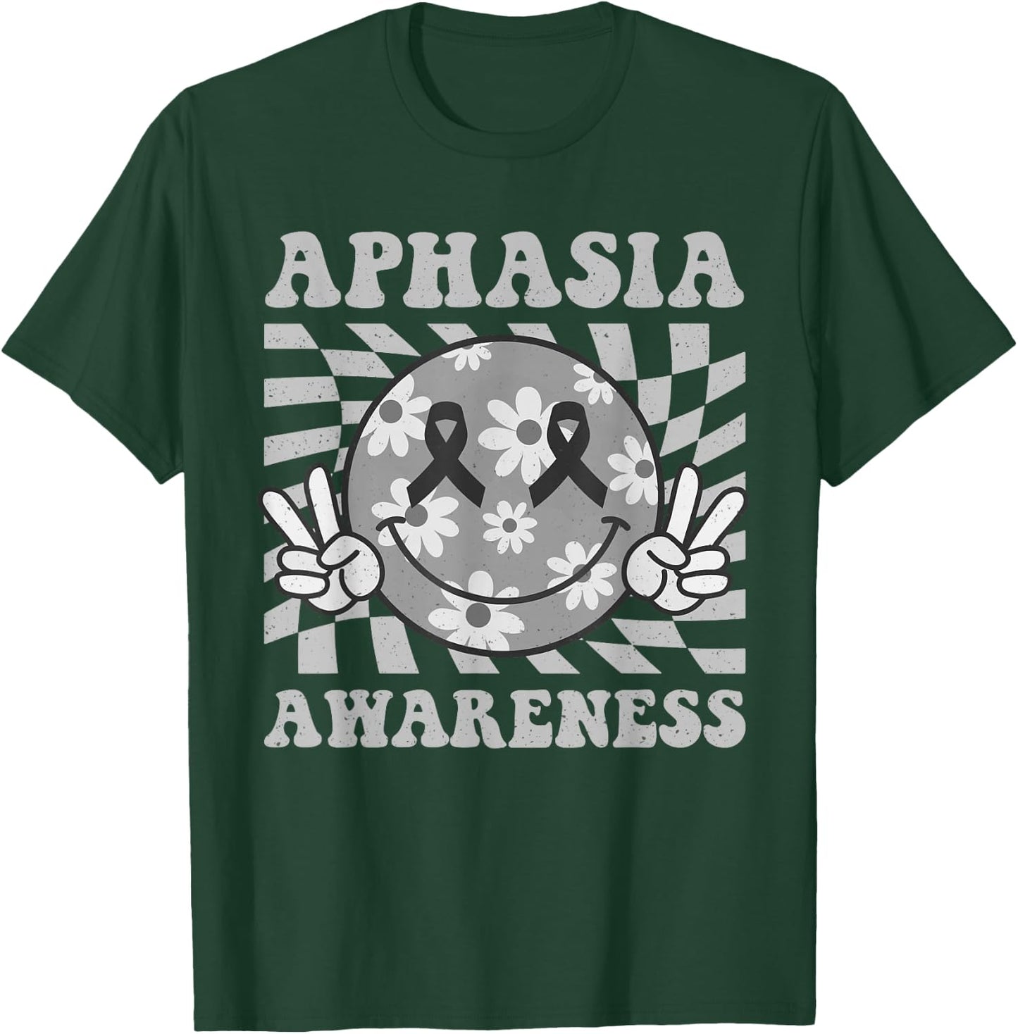 Groovy Aphasia Awareness Smile Face Gray Ribbon Support T-Shirt - T-Shirt | Forest