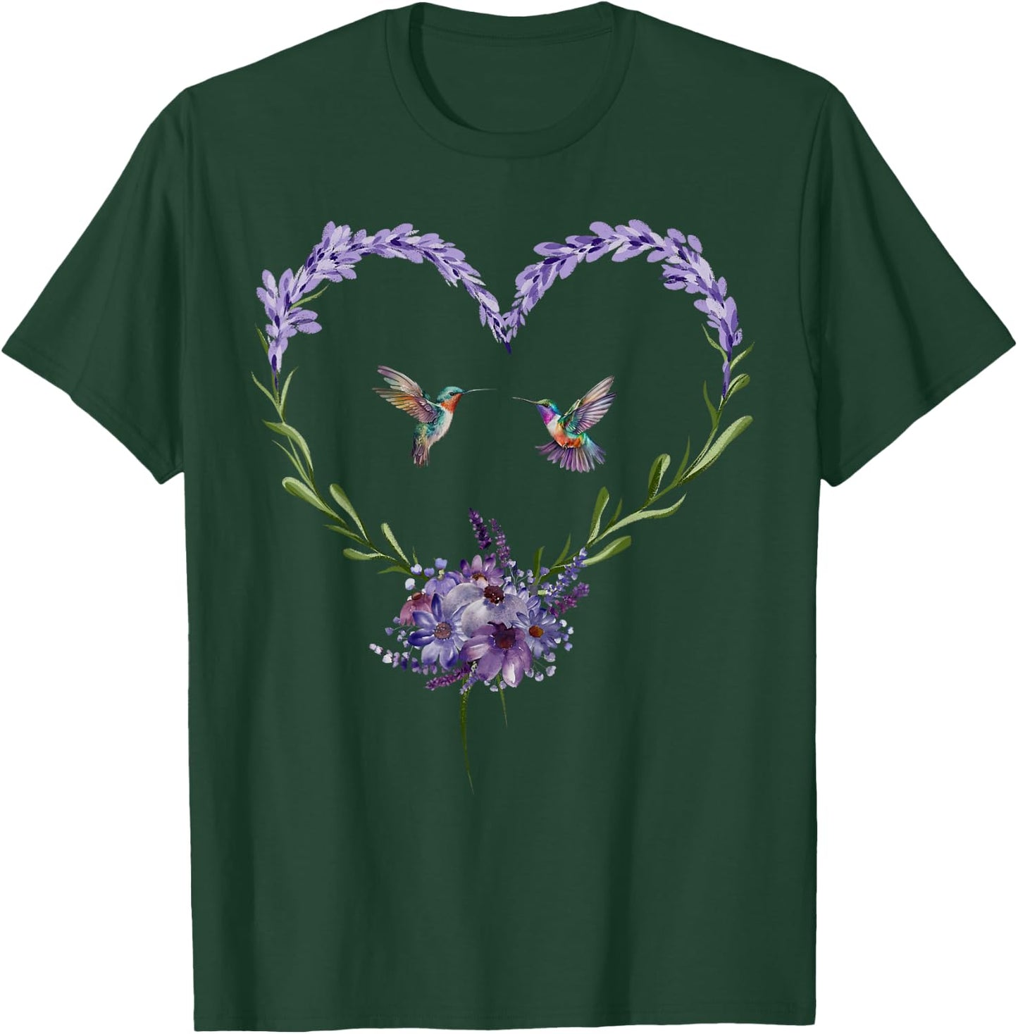 Hummingbird Lavender Flower Heart Botanical Nature Lover T-Shirt - T-Shirt | Forest