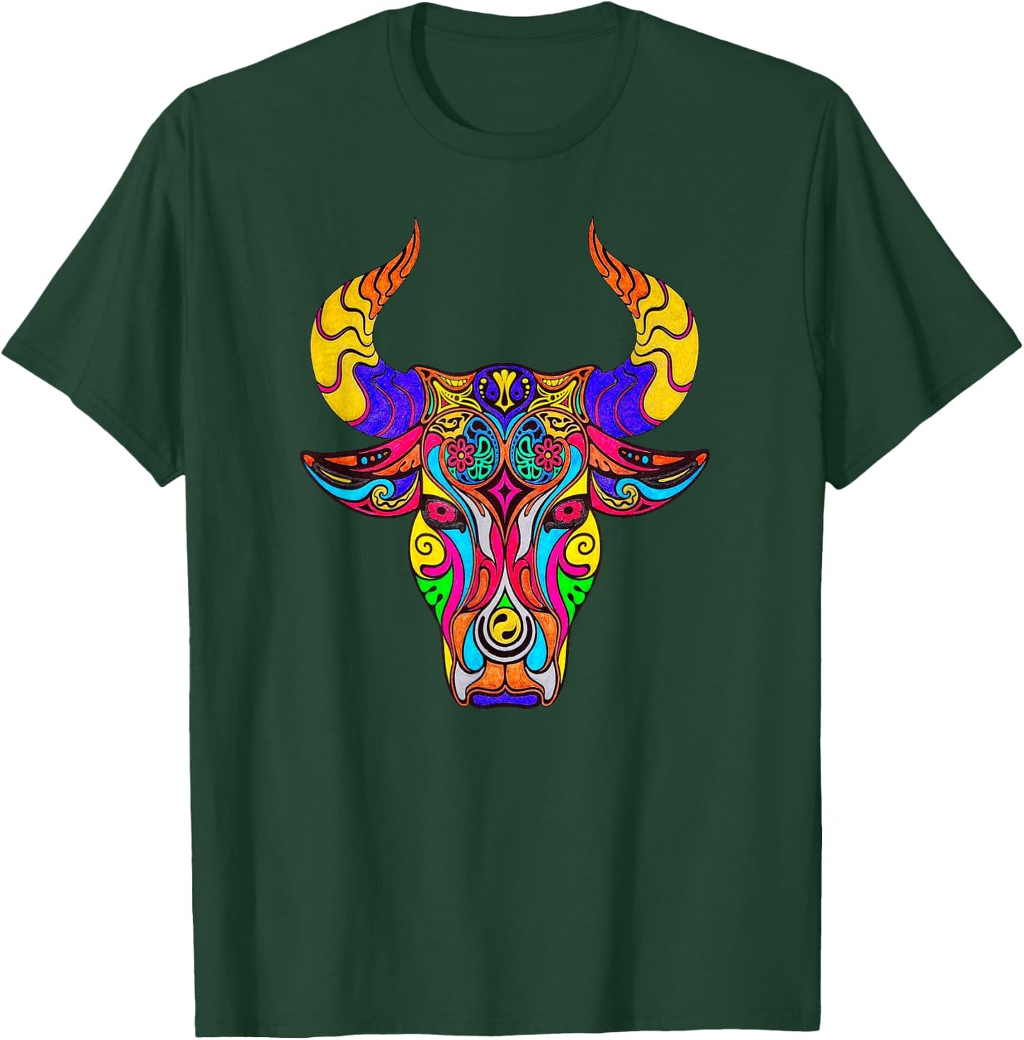 Multi Color Mosaic Bull Design Product T-Shirt - T-Shirt | Forest