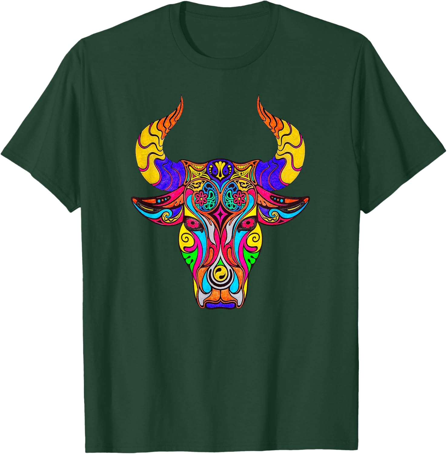 Multi Color Mosaic Bull Design Product T-Shirt - T-Shirt | Forest
