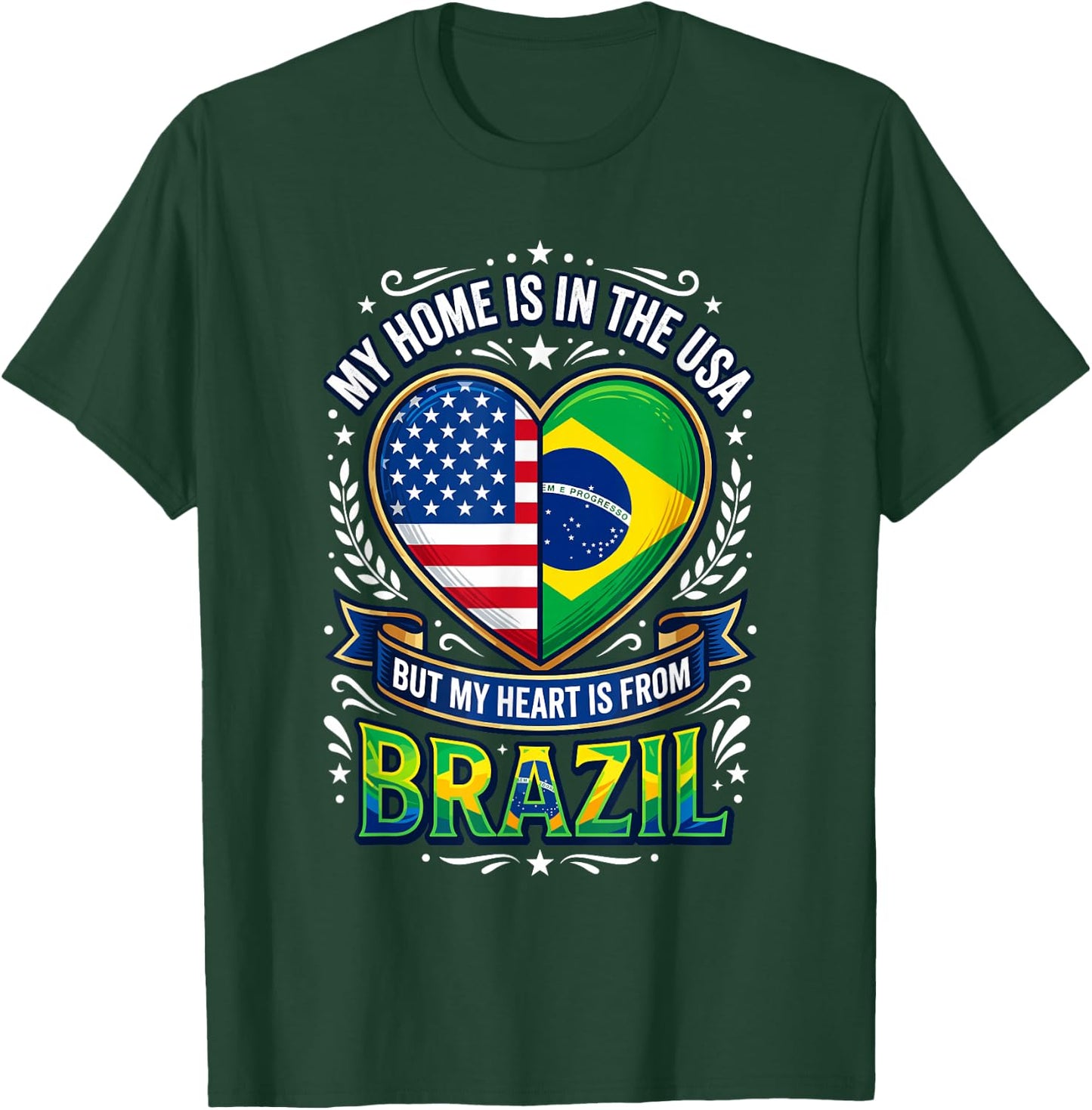 Brazilian American Heart Dual Flag Love Brazil Roots Pride T-Shirt - T-Shirt | Forest