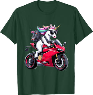 Unicorn Riding a Motorcycle for Boys, Girls, Men, Women, Kids and Adults , Black, S T-Shirt - T-Shirt | Forest