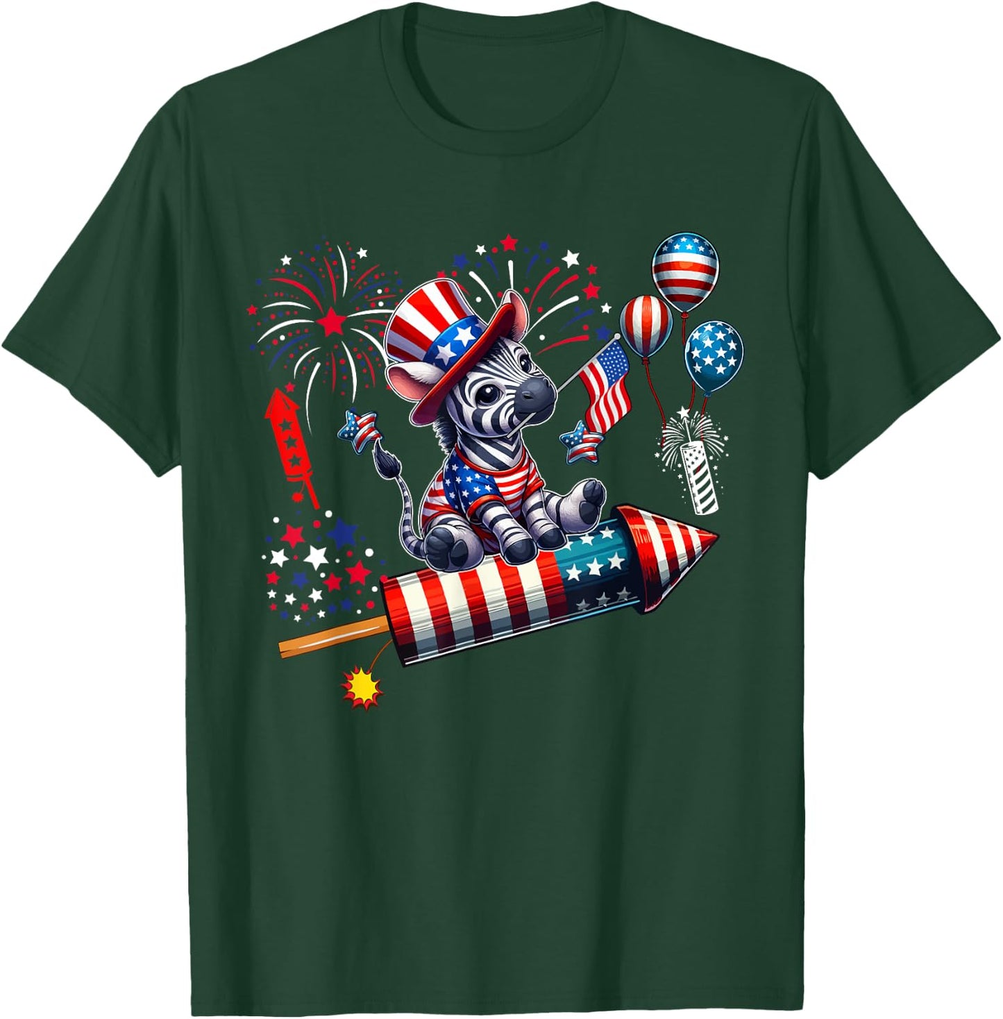 Zebra Riding Firecracker US Flag 4th Of July Fireworks Women Kids Men T-Shirt - T-Shirt | Forest