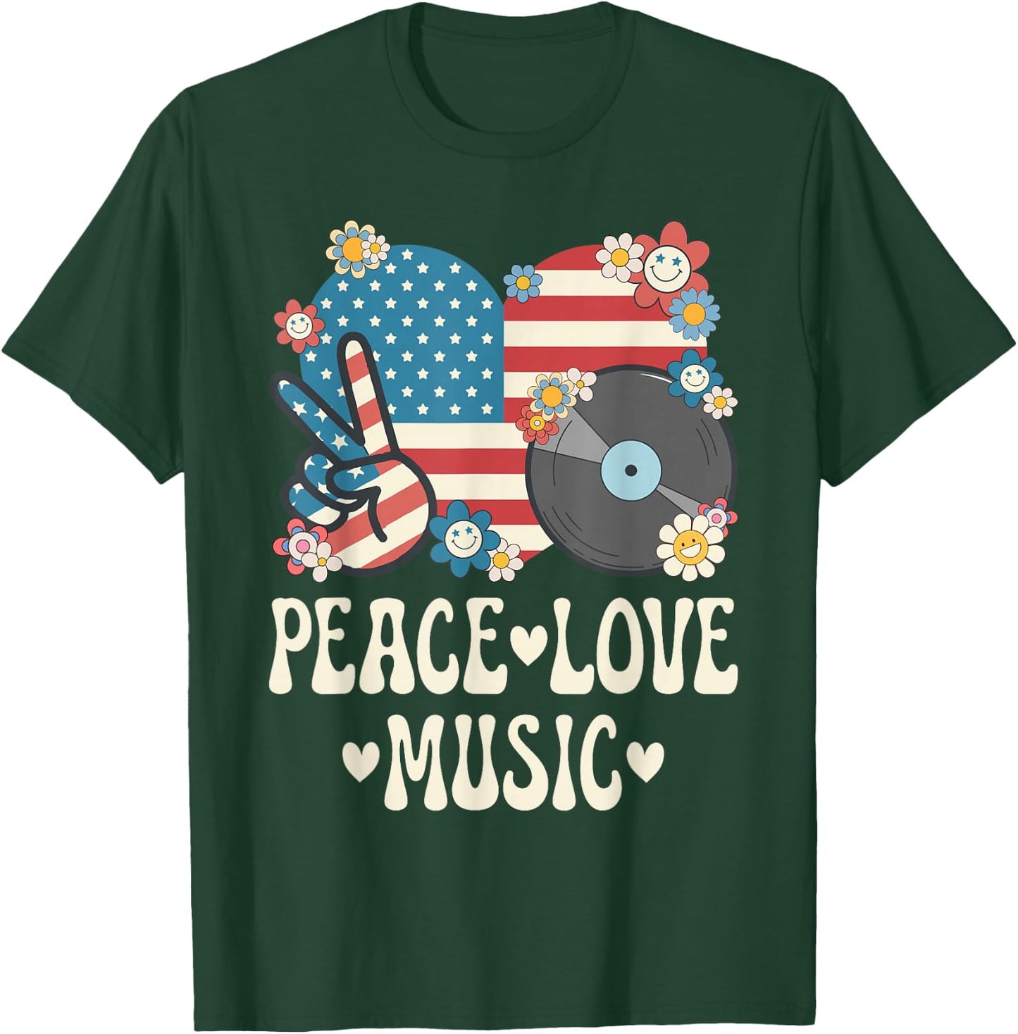 Peace Love Music American Flag Patriotic Men Women Musician T-Shirt - T-Shirt | Forest