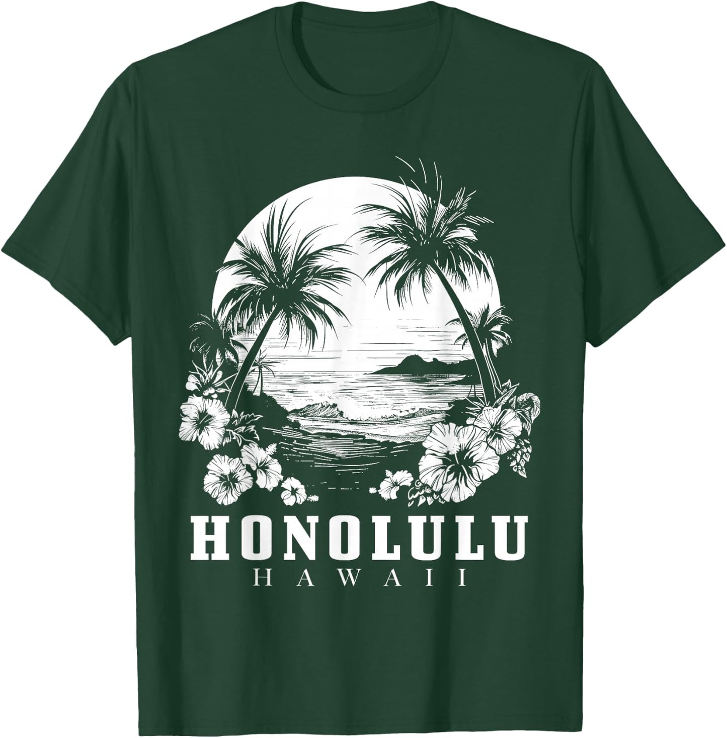 Honolulu Hawaii Hawaiian Hibiscus Flowers Surfer Souvenir T-Shirt - T-Shirt | Forest