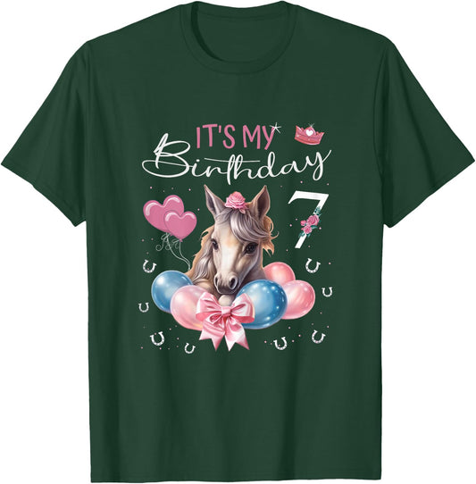 Birthday Shirt Horse Girl 7 Years - It's My Birthday , black T-Shirt - T-Shirt | Forest