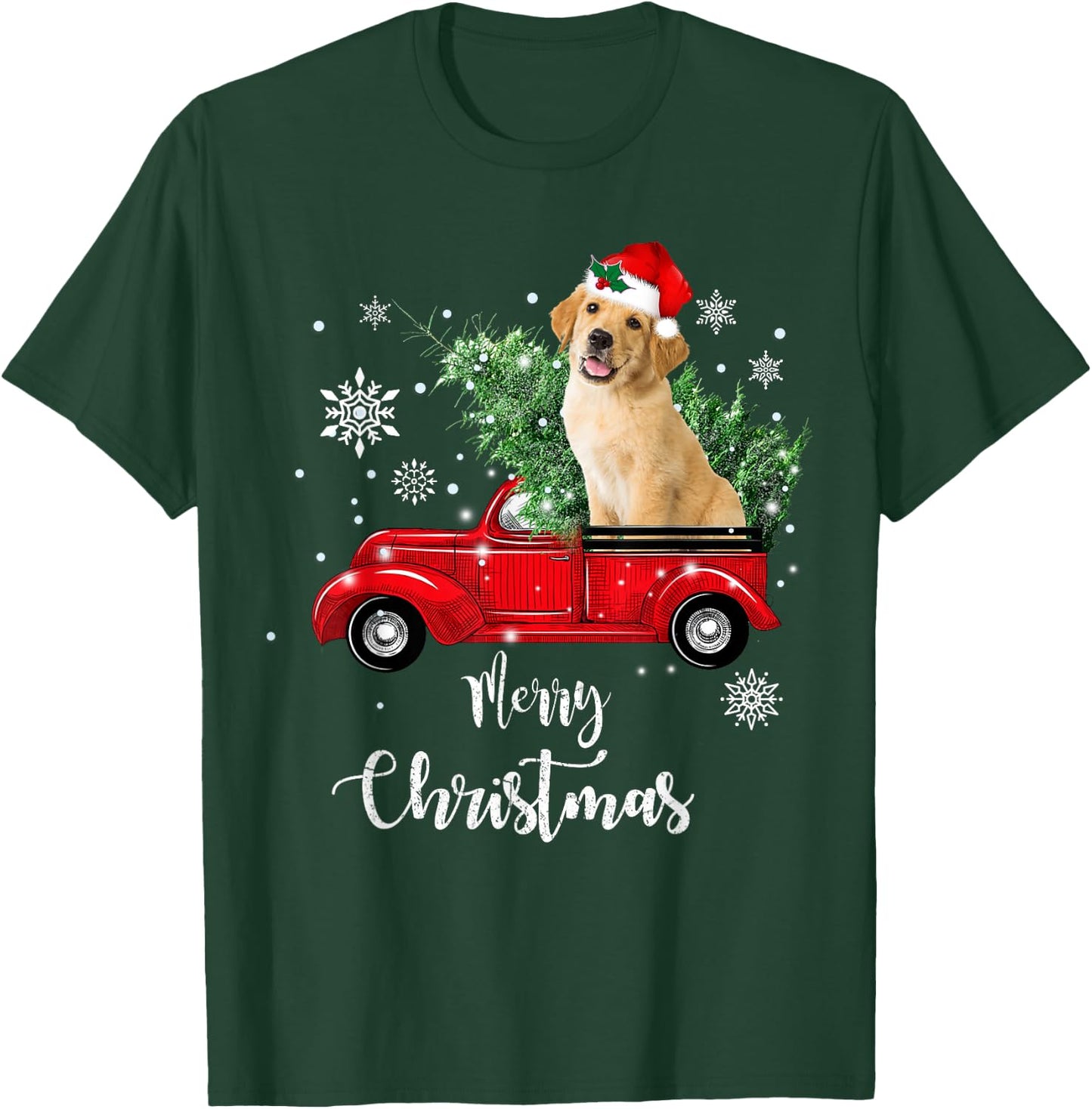 Red Truck Merry Christmas Tree Golden Retriever Christmas T-Shirt - T-Shirt | Forest