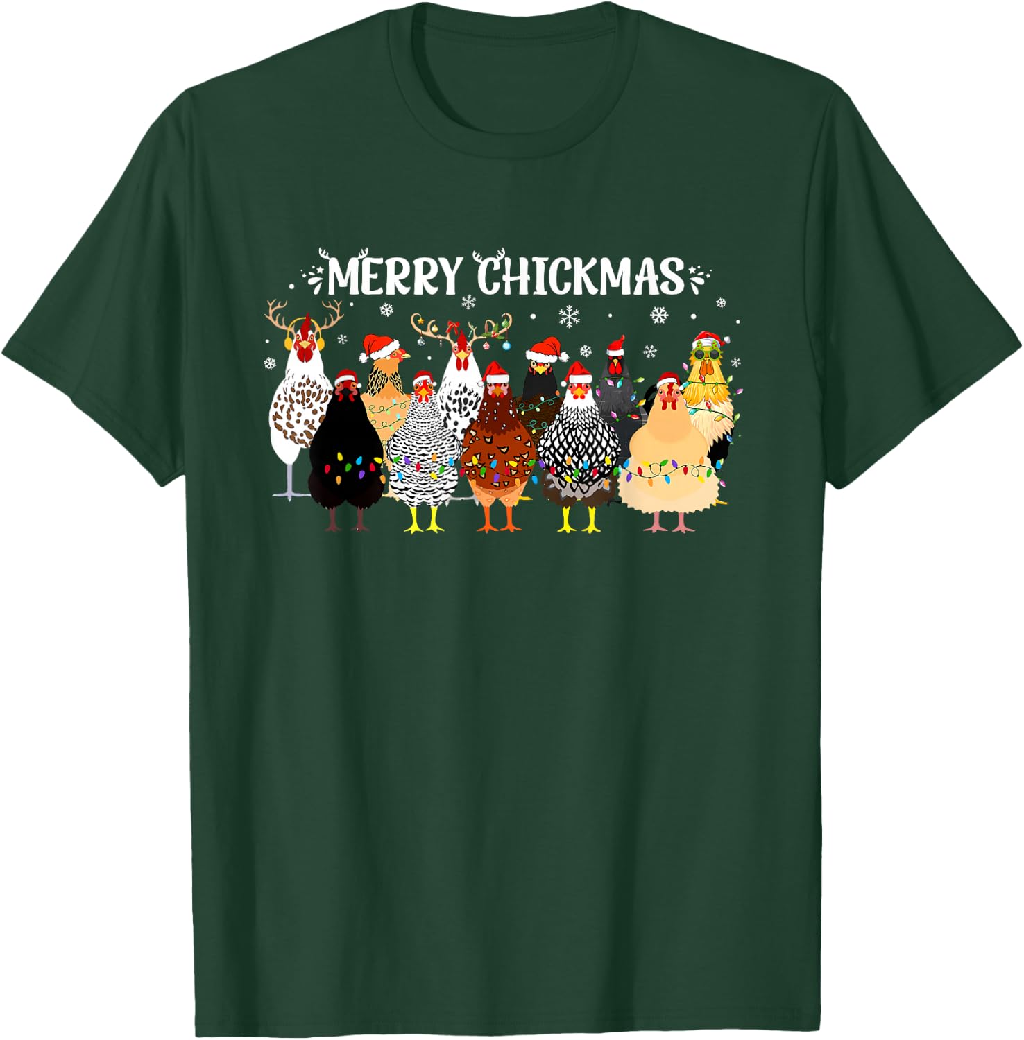 Merry Chickmas Chicken Farmer Santa Hat Xmas Light Women Men T-Shirt - T-Shirt | Forest