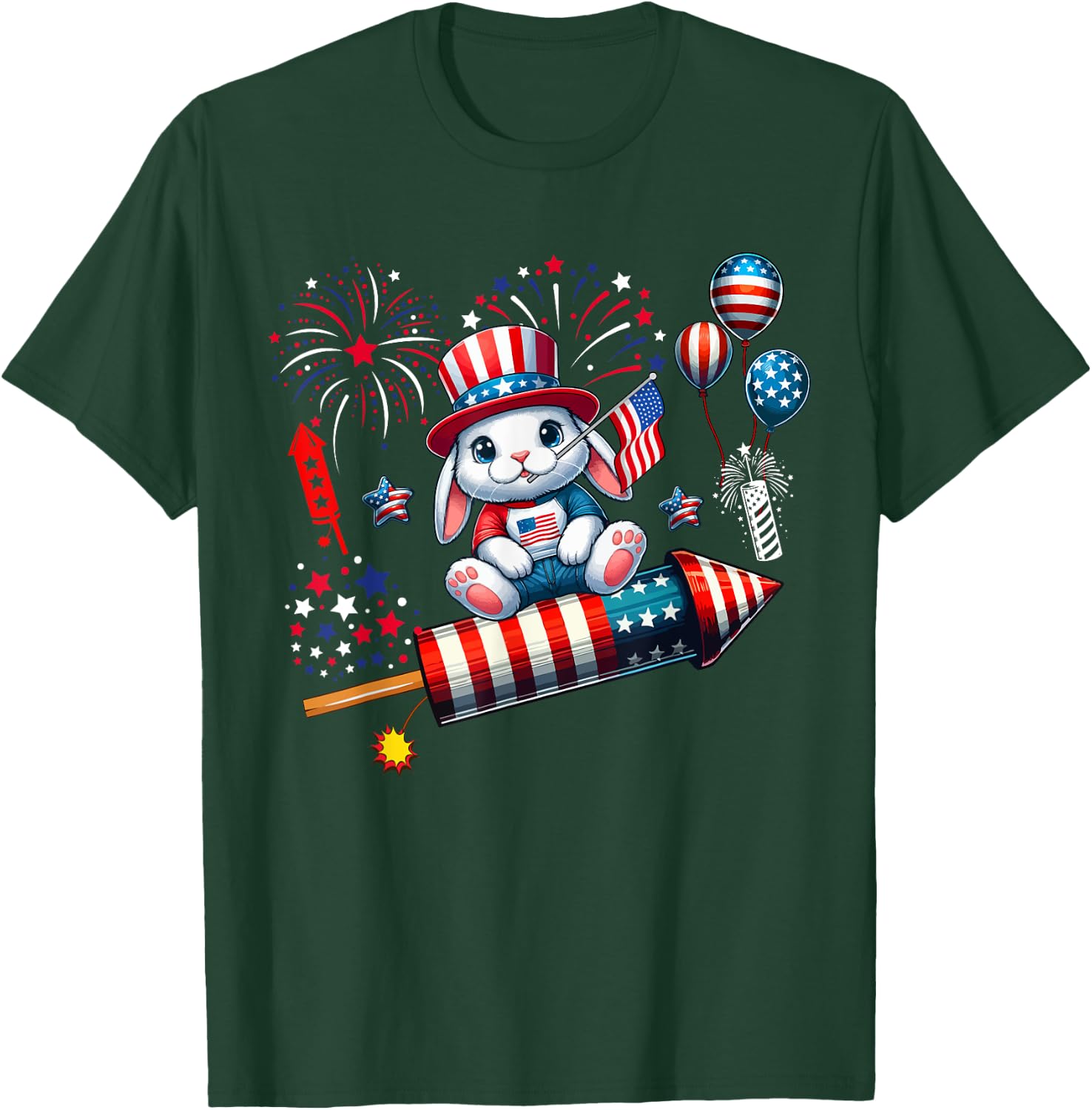 Rabbit Riding Firecracker US Flag 4th Of July Fireworks Women Kids Men T-Shirt - T-Shirt | Forest