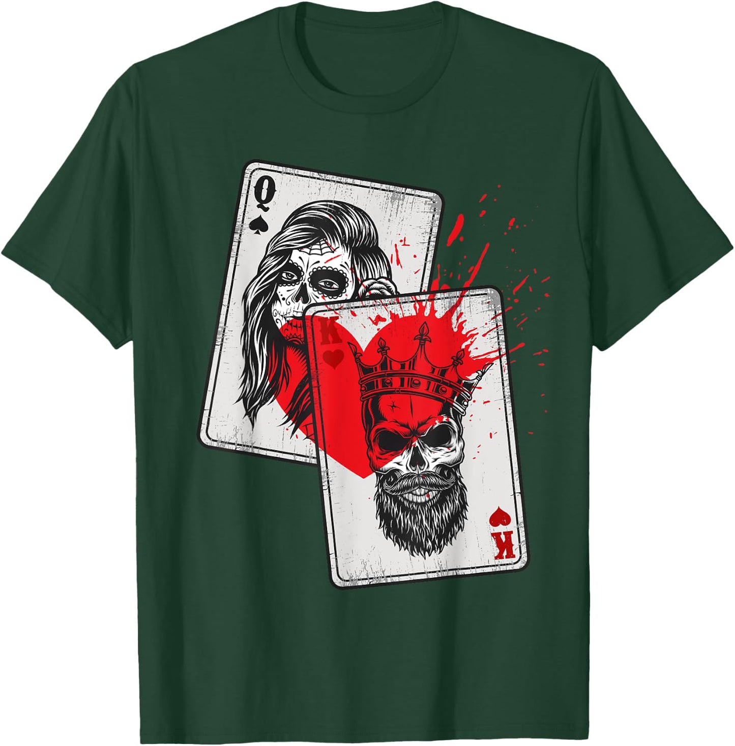 King and Queen Skull and Catrina Playing Cards Couple T-Shirt - T-Shirt | Forest