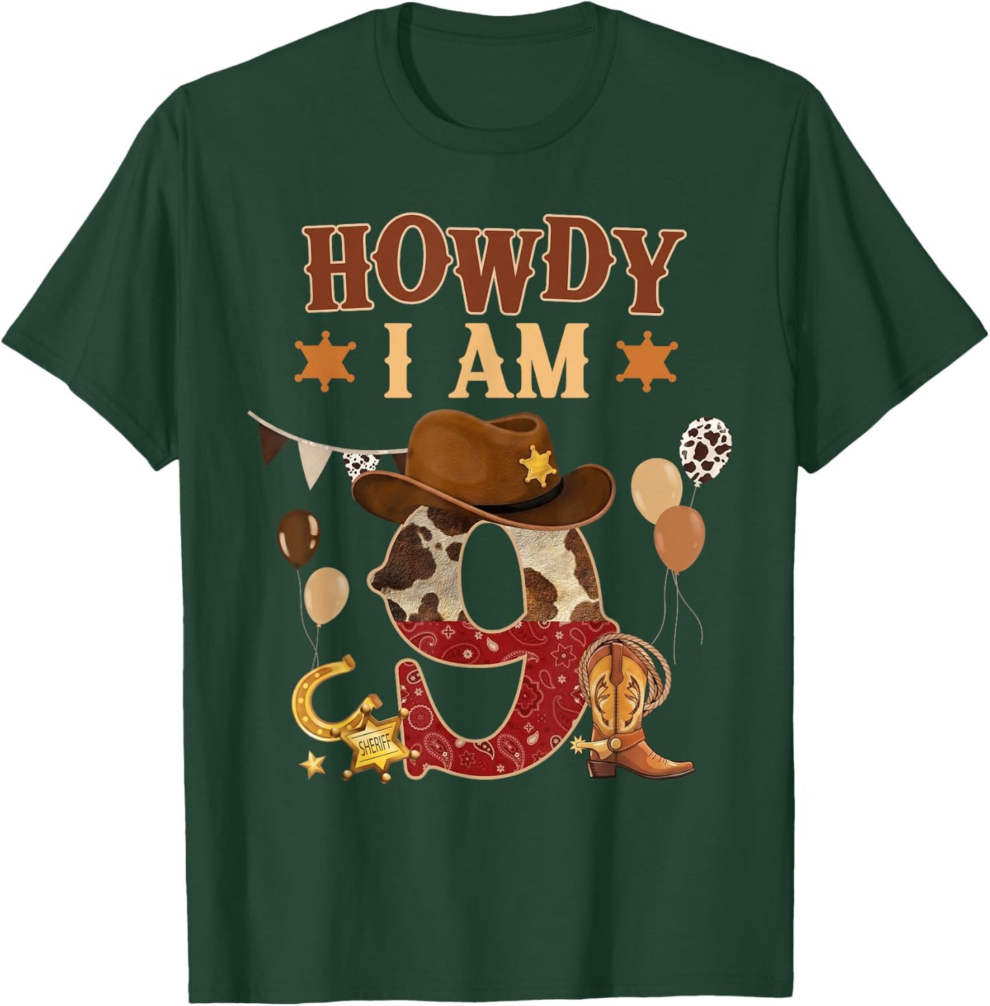 Howdy I'm 9 Western Cowboy 9th Birthday Boy Kids 9 Year Old T-Shirt - T-Shirt | Forest