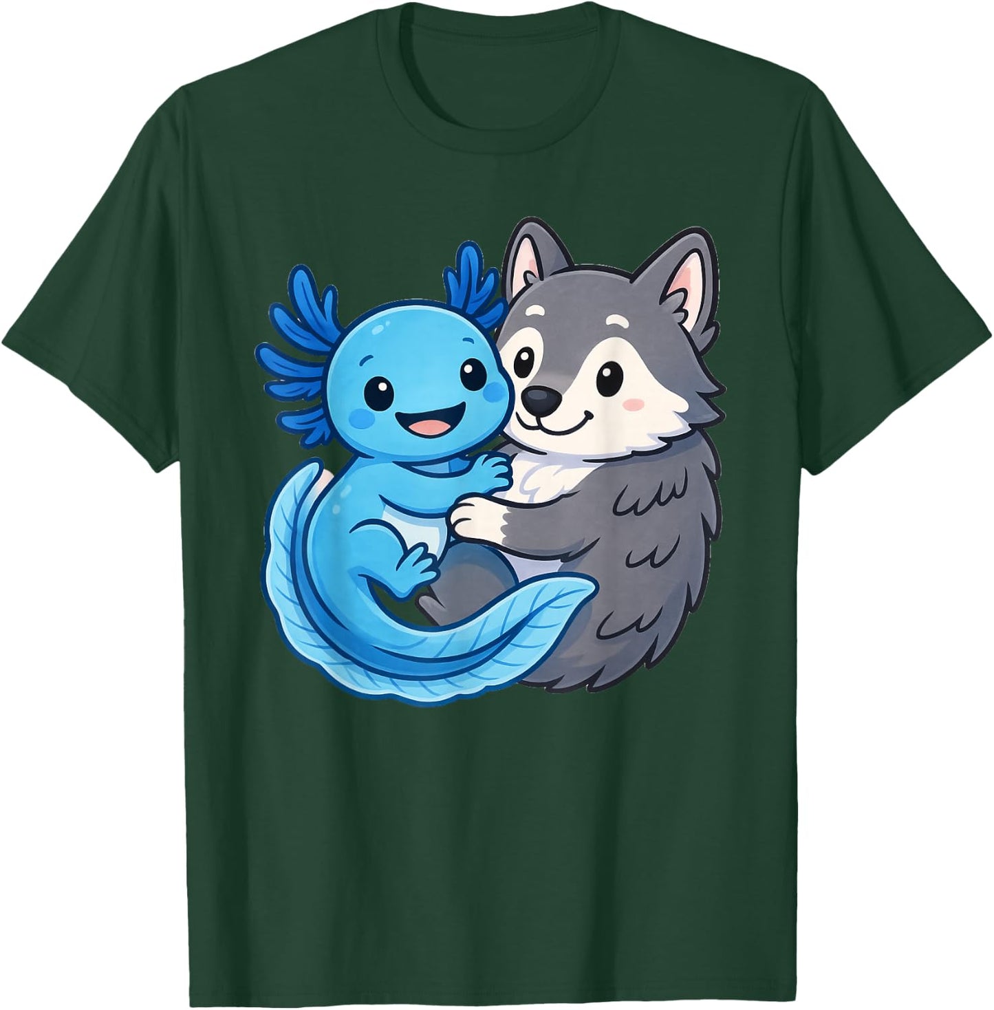 Cute Axolotl Hugging Wolf T-Shirt - T-Shirt | Forest