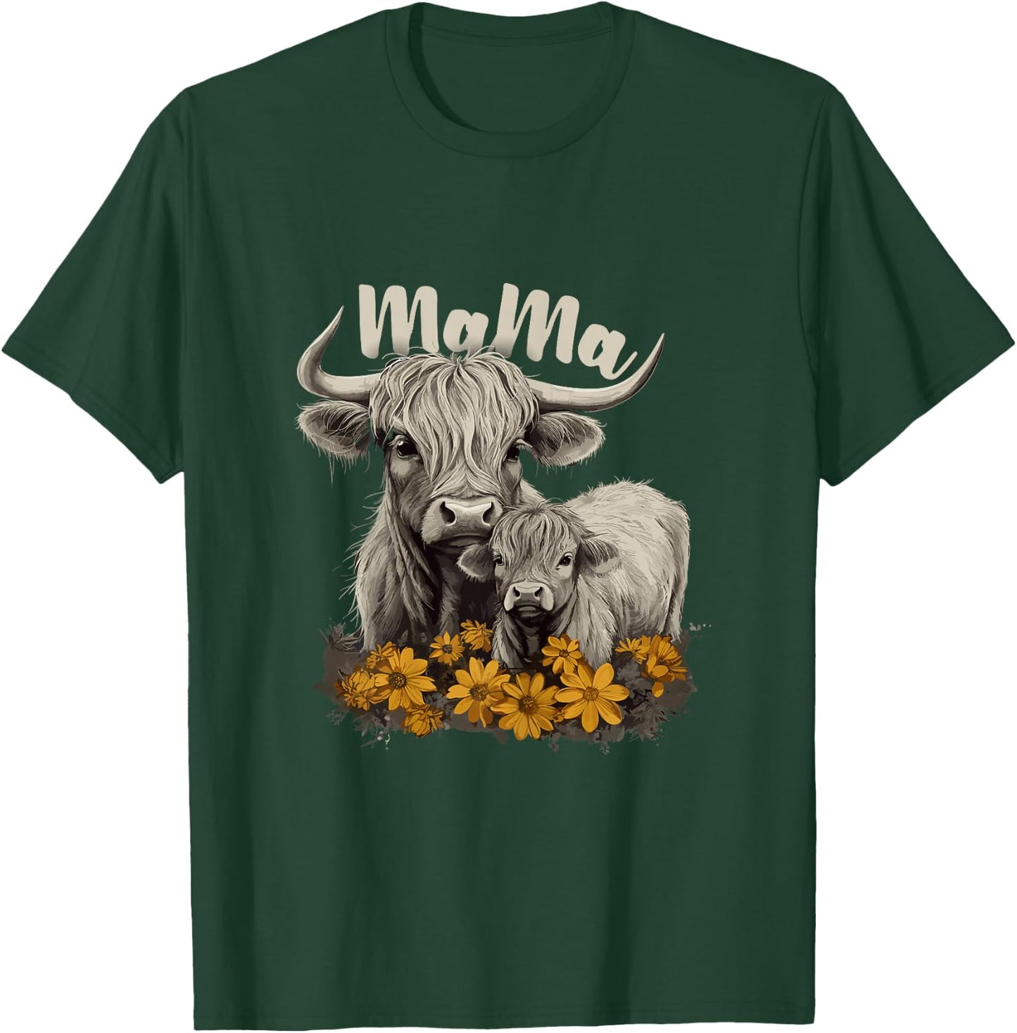 Cute Mama Highland Cow with Baby Calf Flower, Cool Animal T-Shirt - T-Shirt | Forest