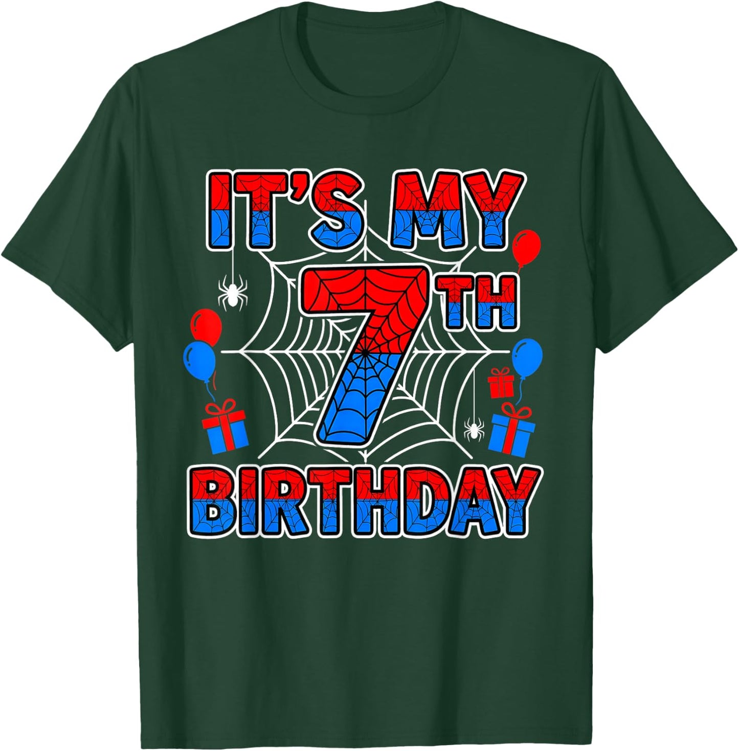 Its My 7th Birthday Boy 7 Year Old Spider Web Birthday Party T-Shirt - T-Shirt | Forest