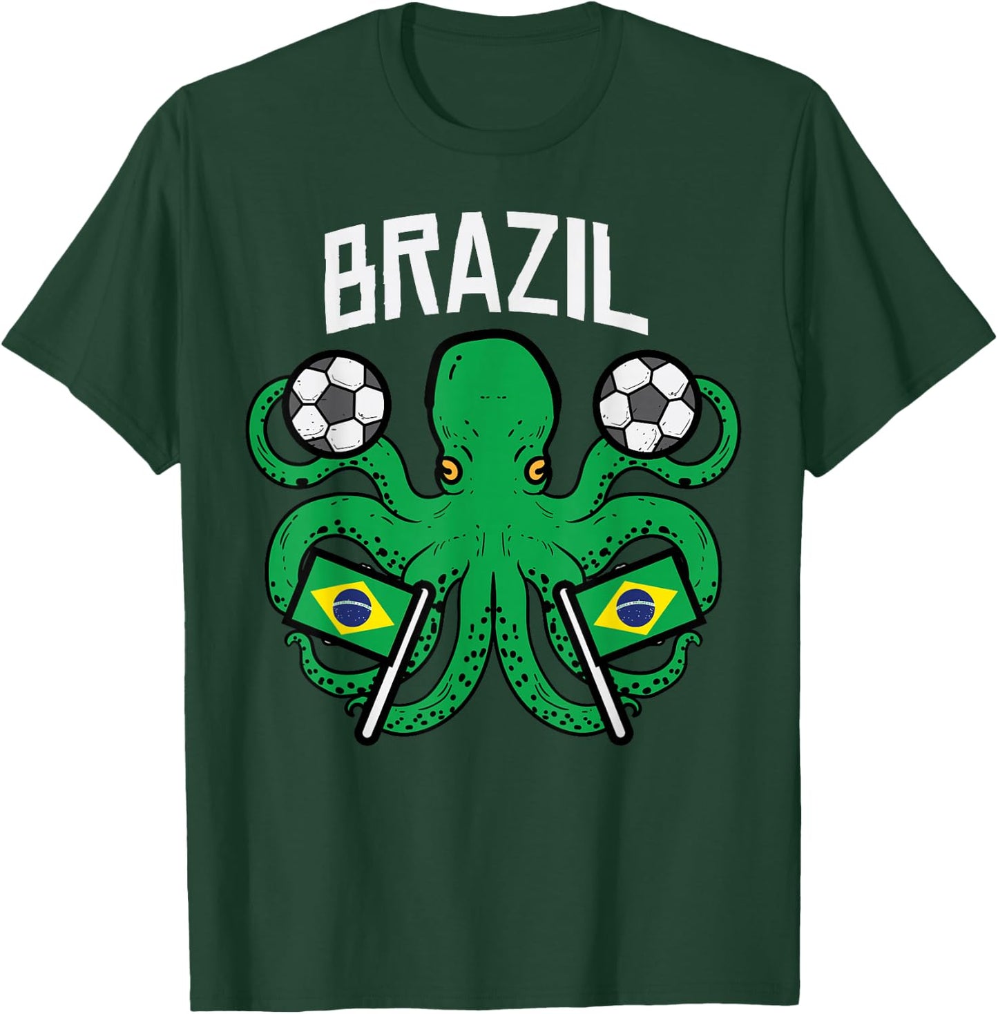 Brazil Octopus Brazilian Flag Soccer Fan Men Women Kids Boys T-Shirt - T-Shirt | Forest