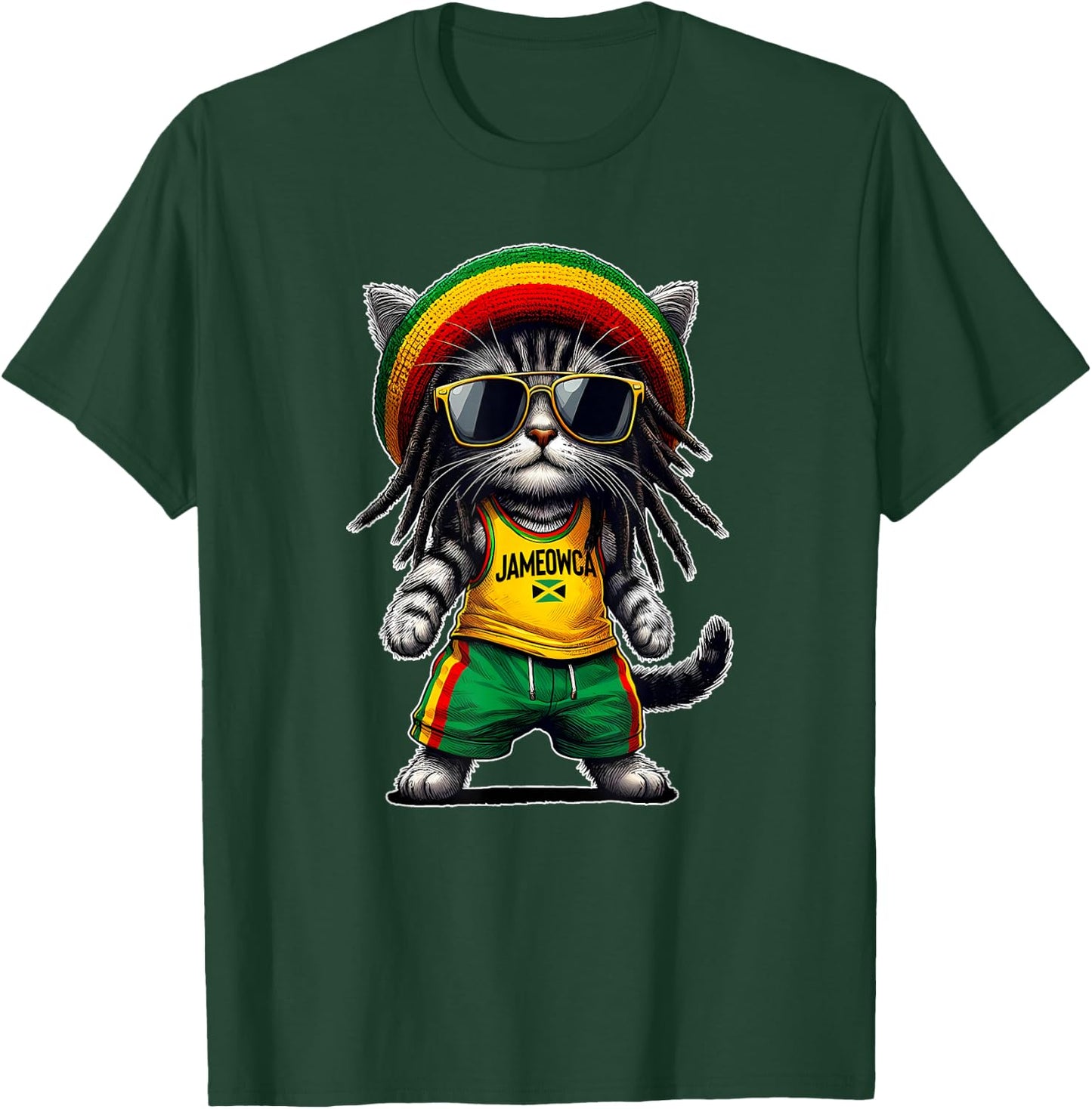 JAMEOWCA Cool & Funny Jamaican Rasta Reggae Cat , Black, S T-Shirt - T-Shirt | Forest