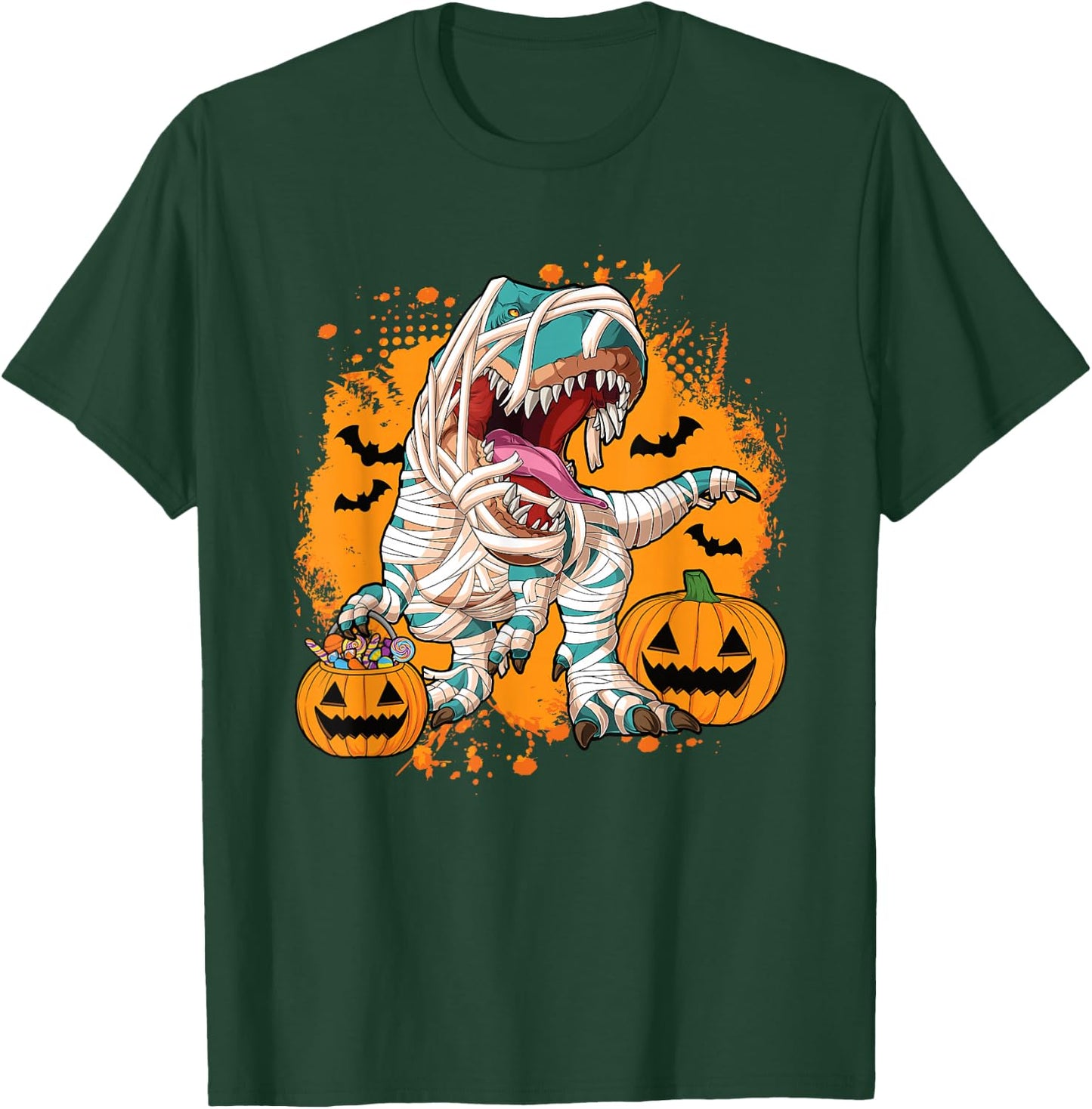 Scary Halloween Dino T Rex Dinosaur Pumpkin Men Boys Kids T-Shirt - T-Shirt | Forest