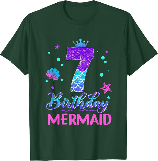 7th Birthday Mermaid Tail 7 Year Old Girl Mermaid Party T-Shirt - T-Shirt | Forest
