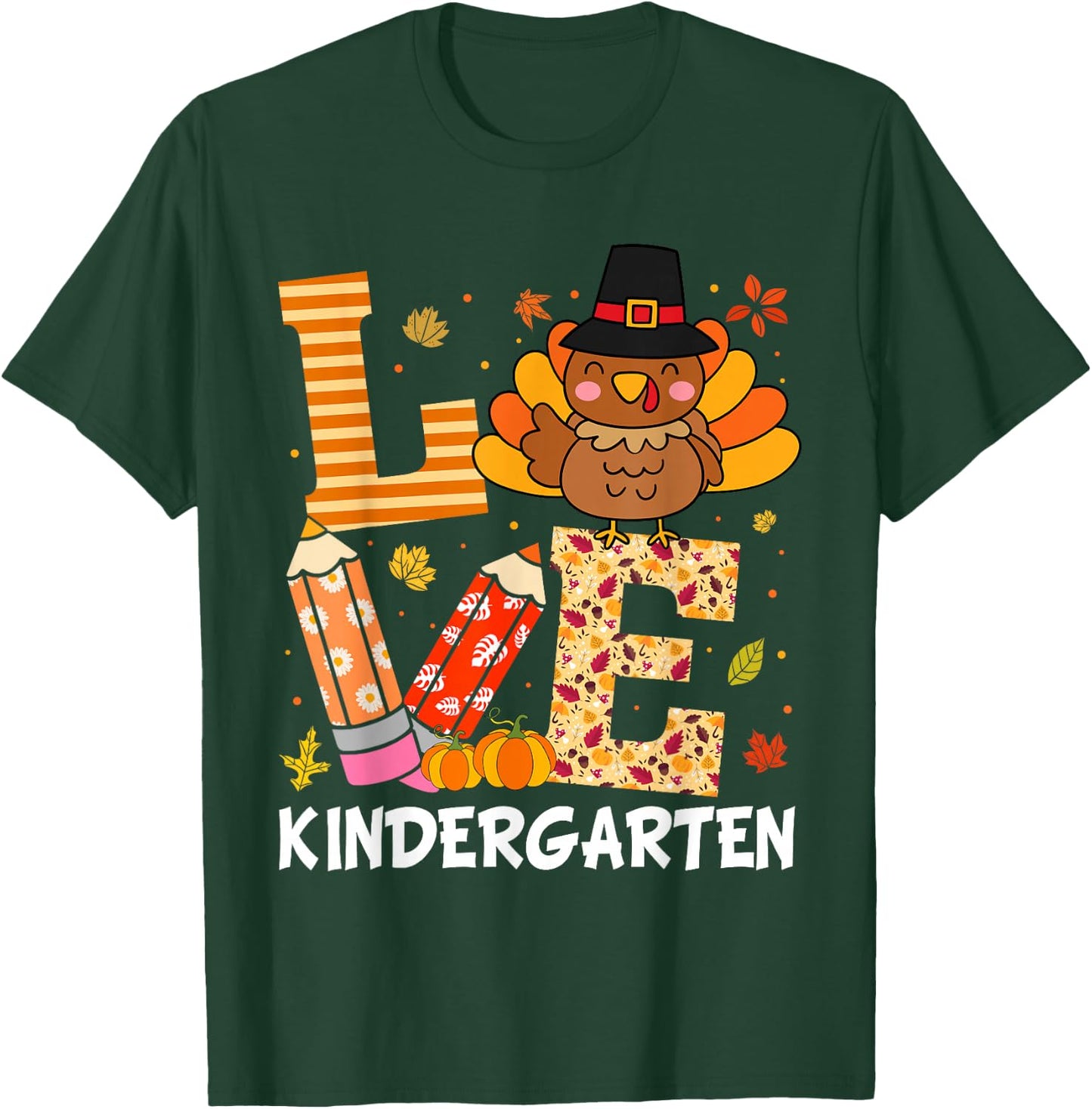 Love Kindergarten Teacher Turkey Thanksgiving Kindergarten T-Shirt - T-Shirt | Forest