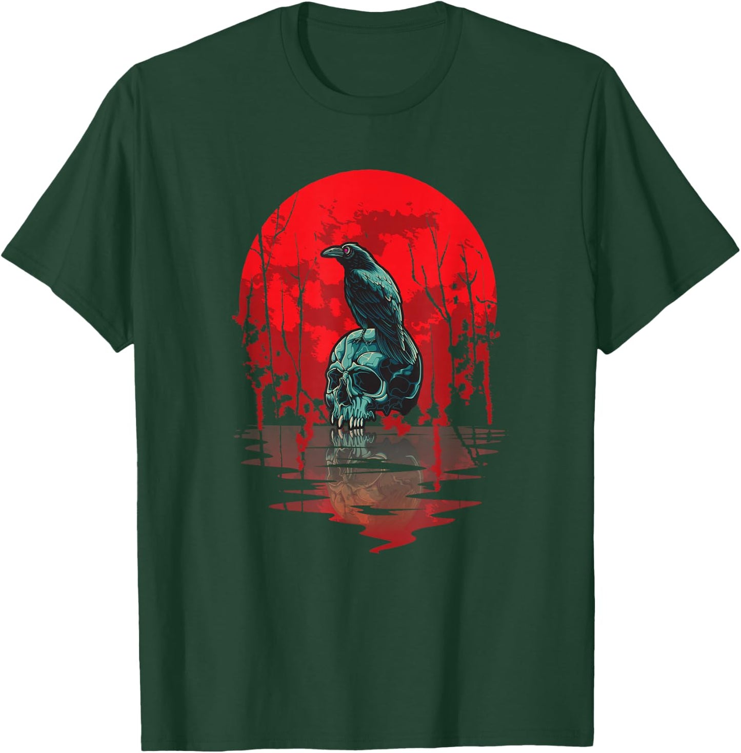 Gothic Raven Skull Red Moon Black Crow T-Shirt - T-Shirt | Forest