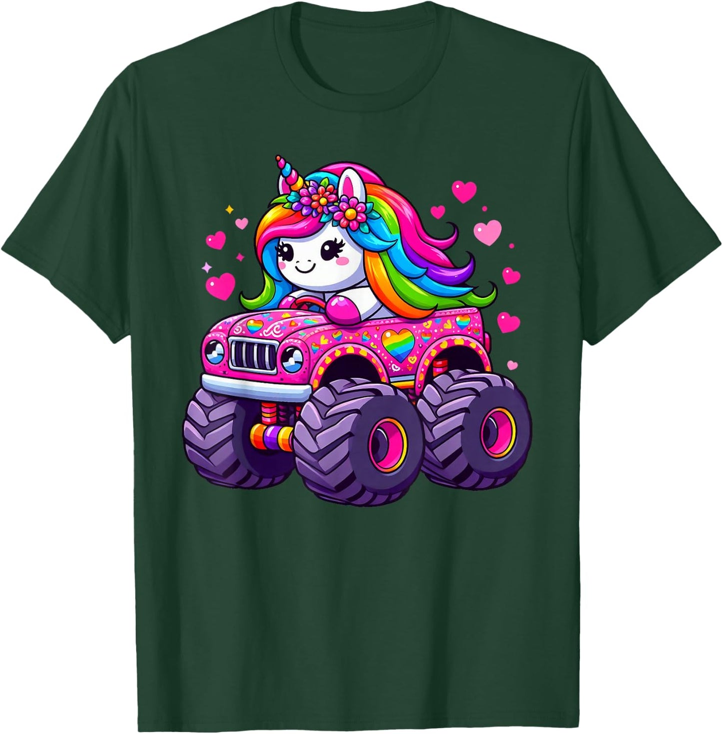 Cute Unicorn Riding A Pink Monster Truck Lovers Girls T-Shirt - T-Shirt | Forest