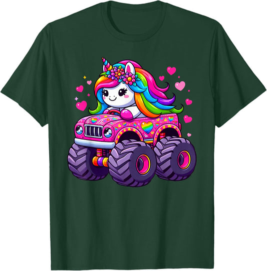 Cute Unicorn Riding A Pink Monster Truck Lovers Girls T-Shirt - T-Shirt | Forest