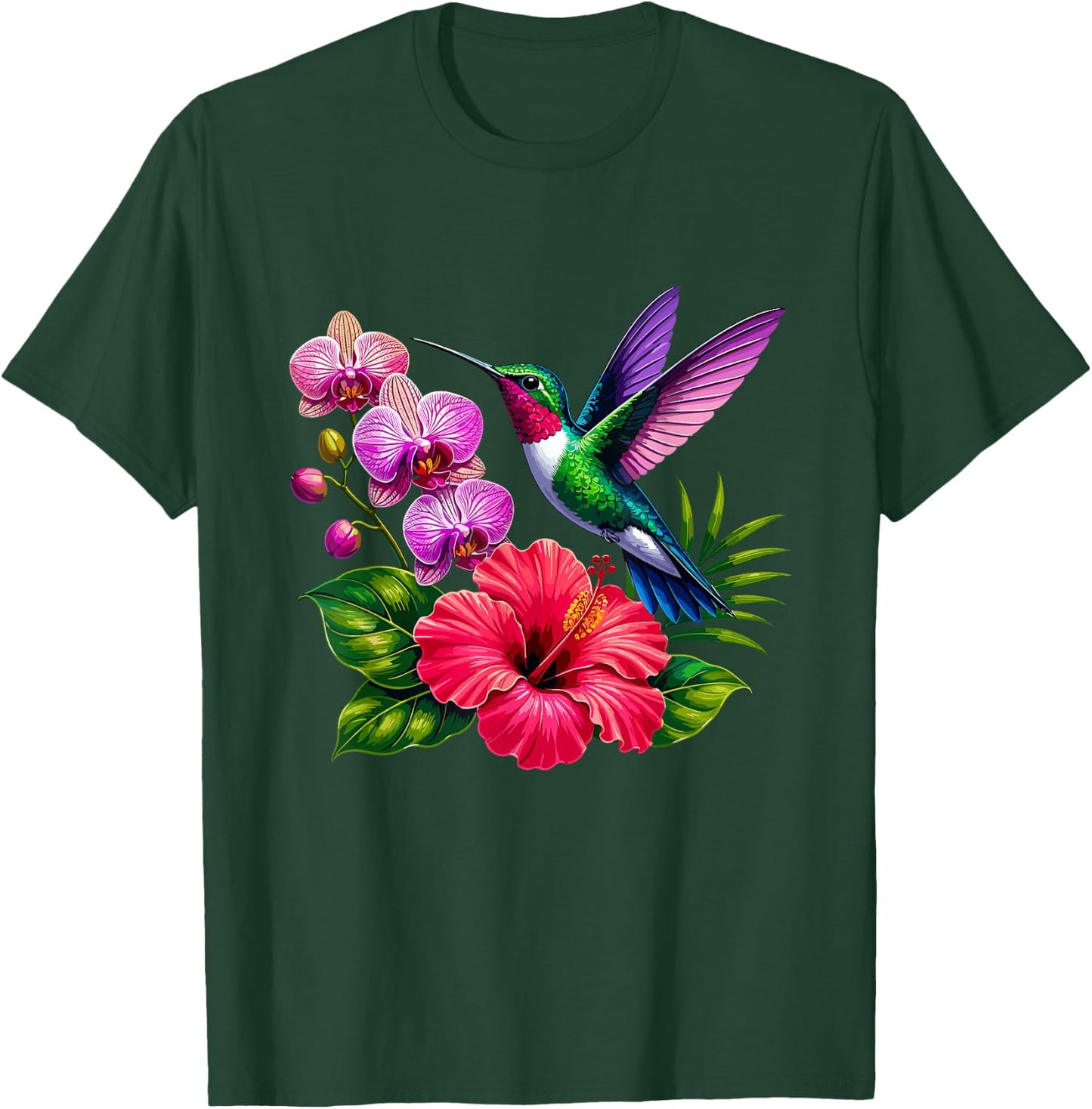 Hummingbird with Hibiscus and Orchid Flowers T-Shirt - T-Shirt | Forest