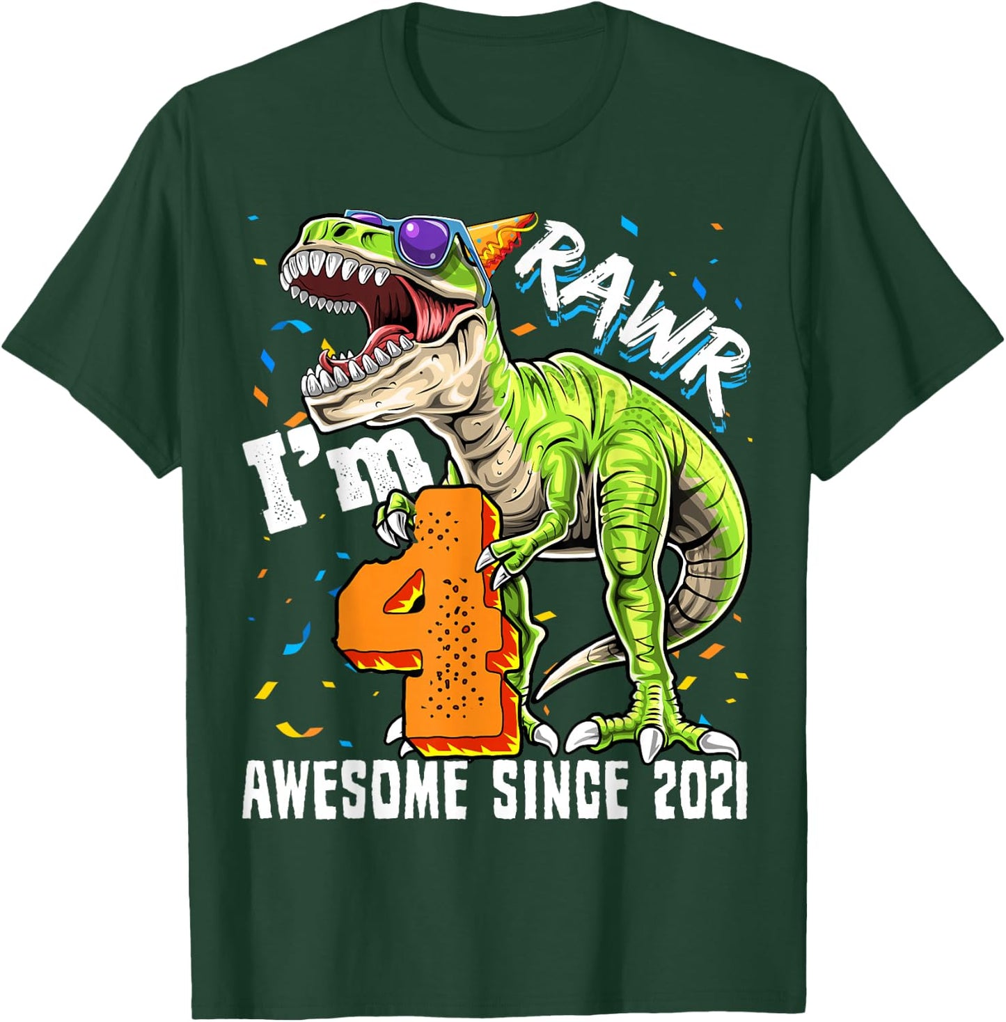 4th Birthday T Rex Dinosaur Party Boys Rawr I'm 4 T-Shirt - T-Shirt | Forest