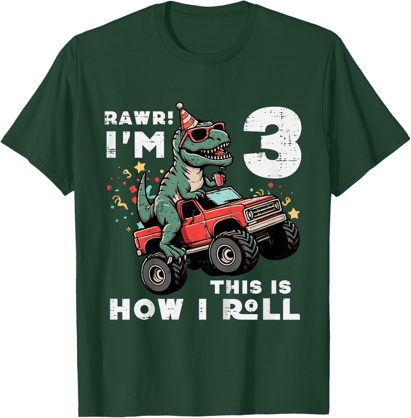 Kids Rawr Im 3 Dino This How I Roll 3rd Birthday Trex Bday Boys T-Shirt - T-Shirt | Forest