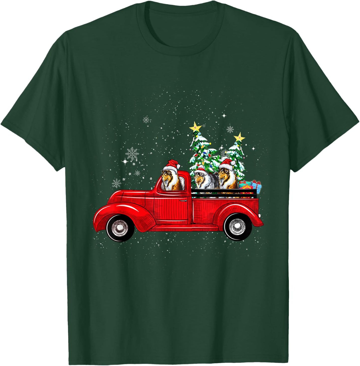 Rough Collie Dog Driving Xmas Truck Christmas Tree Lights Women Kids T-Shirt - T-Shirt | Forest