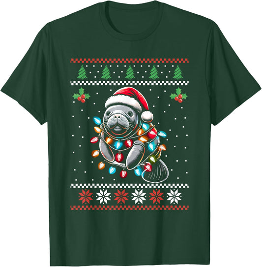 Manatee Santa Hat Ugly Christmas Sweater Xmas T-Shirt - T-Shirt | Forest
