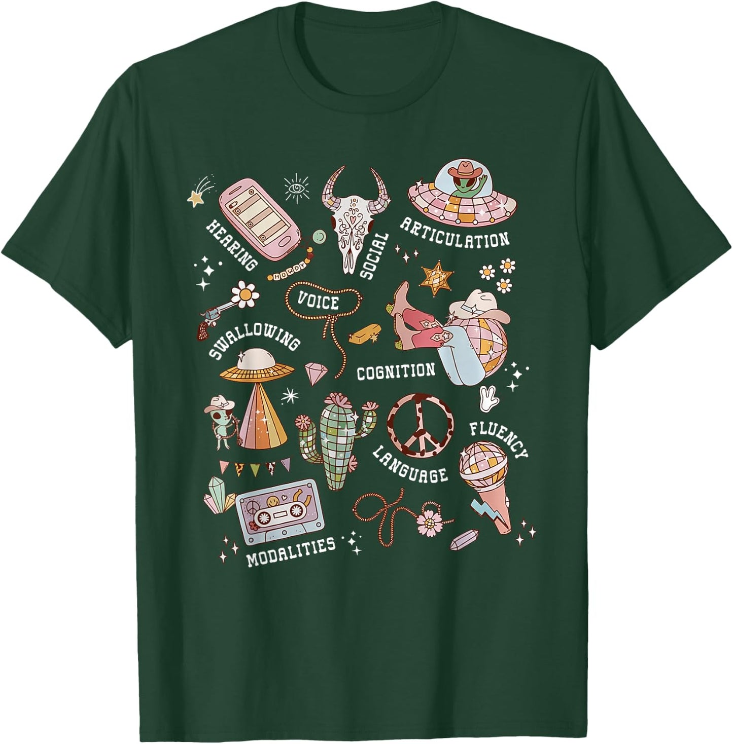 Retro SLP Western Cowgirl Space Speech Therapy UFO SLP T-Shirt - T-Shirt | Forest
