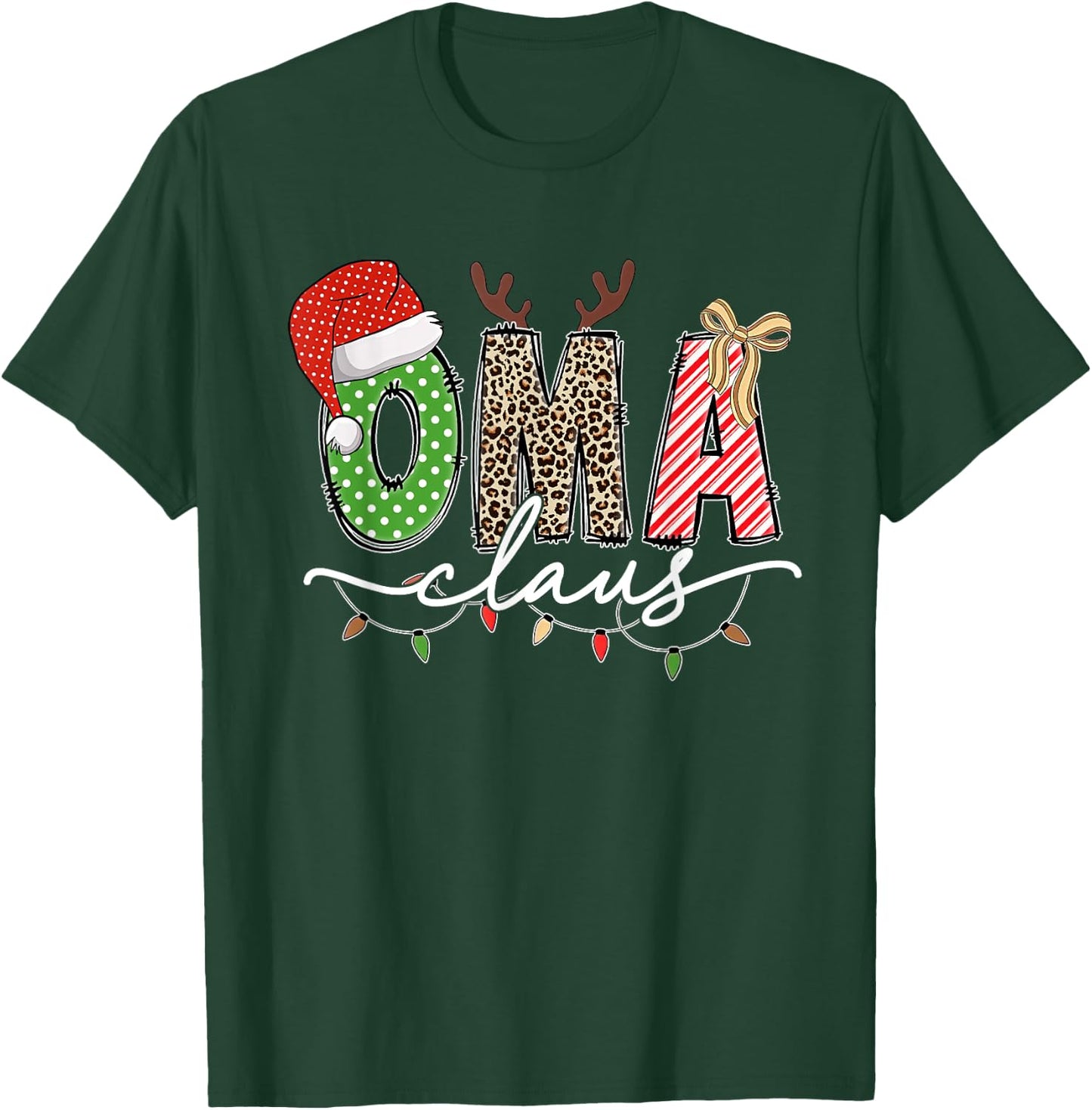 Oma Claus Christmas Lights And Reindeer Santa Hat Grandma T-Shirt - T-Shirt | Forest