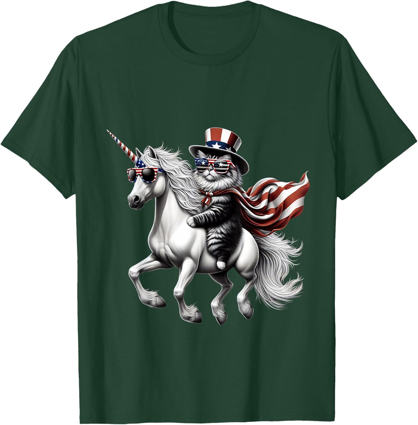 Cat riding Unicorn usa flag Patriotic 4th of July T-Shirt - T-Shirt | Forest