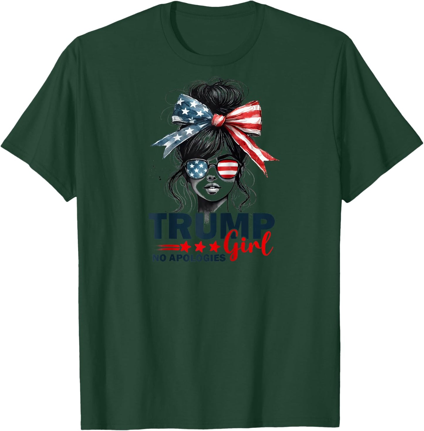 Trump Girl No Apologies Messy Bun Sunglasses Trump 2024 USA Raglan Baseball T-Shirt - T-Shirt | Forest