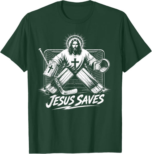 Funny Jesus Saves Hockey Goalie Sport Religious Christian T-Shirt - T-Shirt | Forest