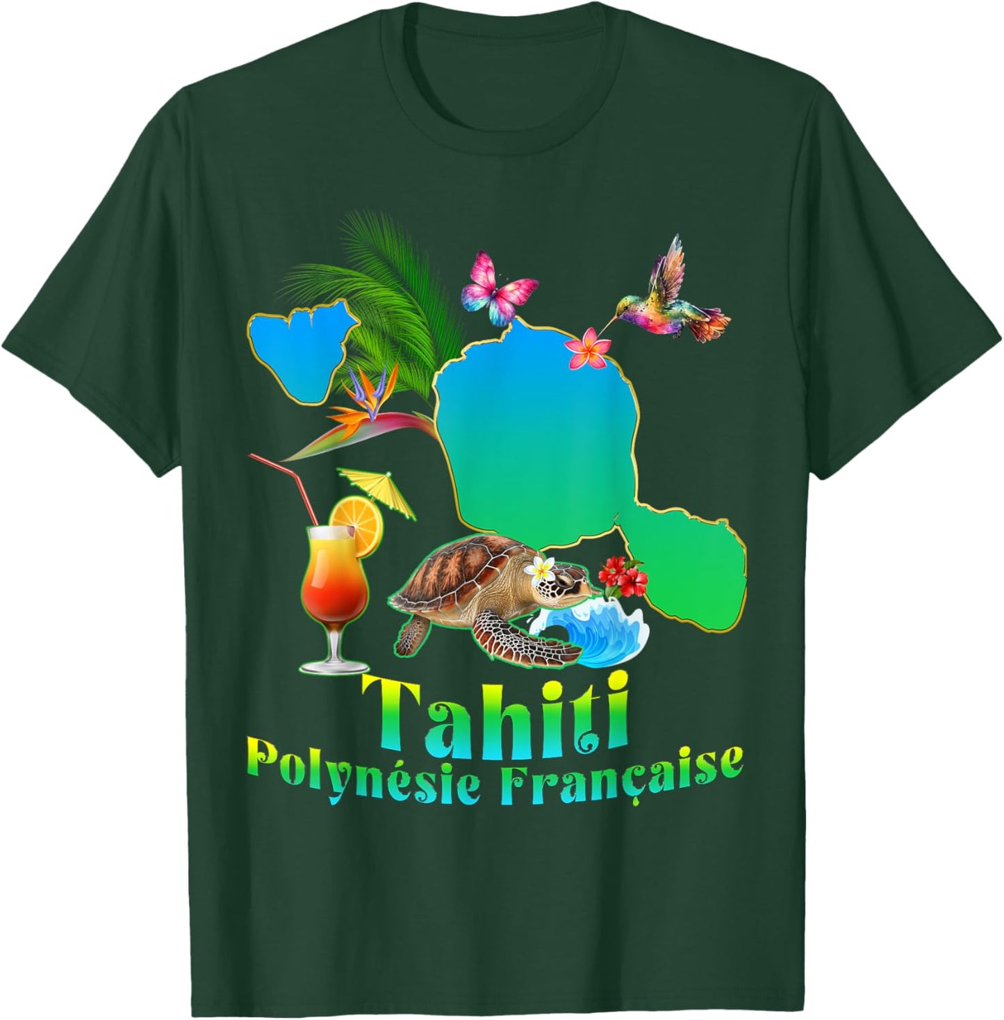 Tahiti French Polynesia Cocktail Pineapple Hummingbird Turtle , Black T-Shirt - T-Shirt | Forest